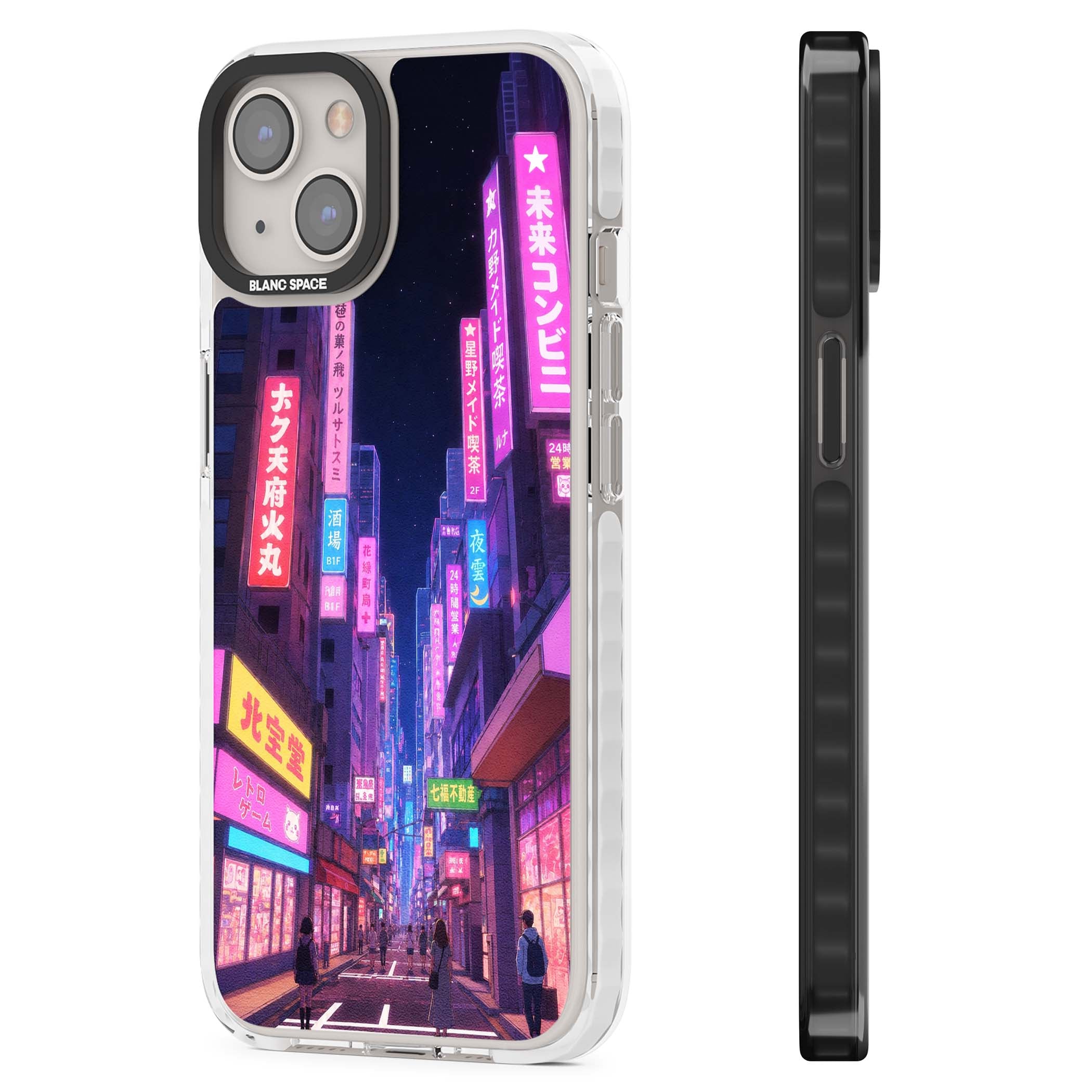 Shibuya At Night Japanese neon city iPhone case featuring glowing kanji signs, pink storefronts and a Tokyo street at n | Impact Magsafe case for iPhone 13, iPhone 14, iPhone 15