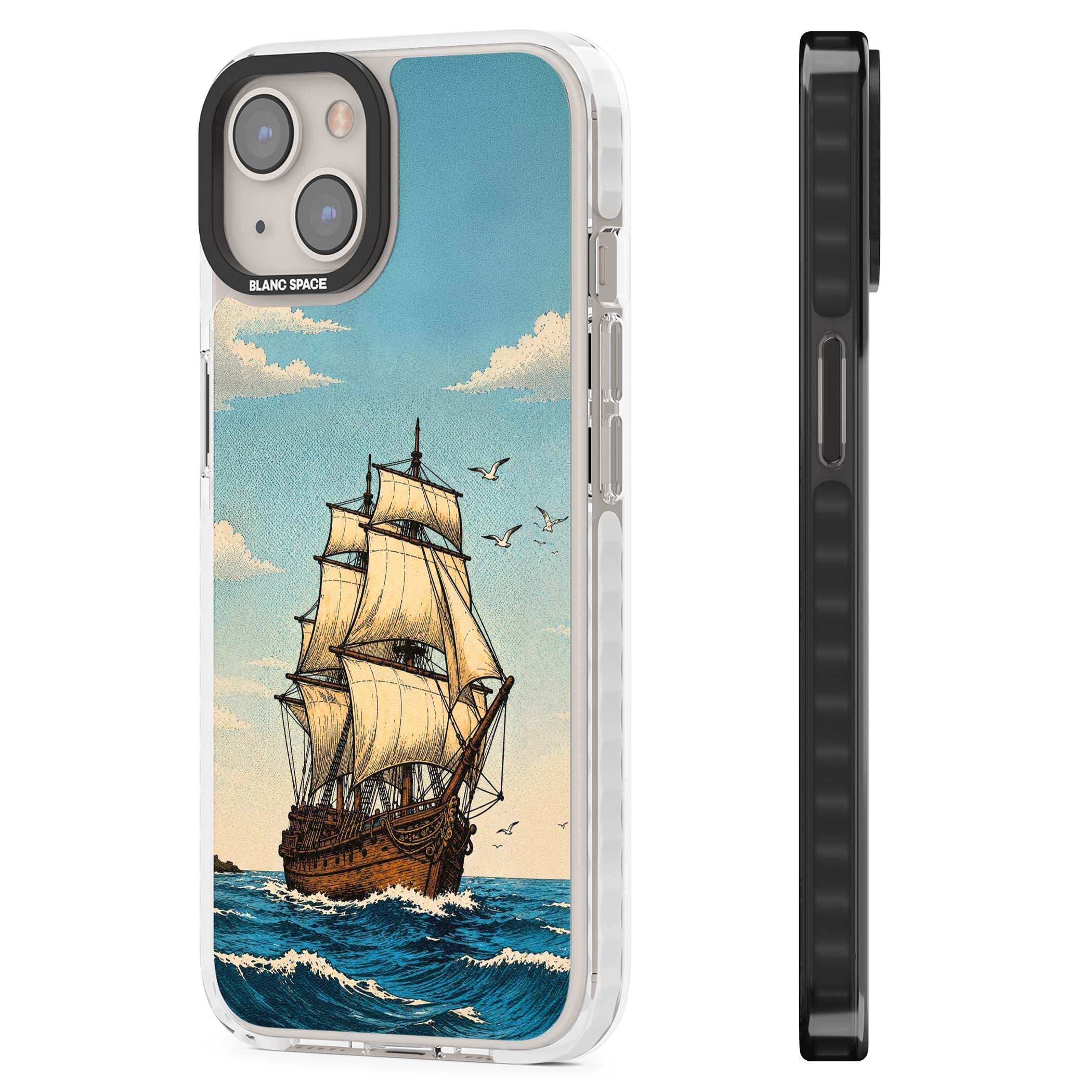 Ship at Sea nautical iPhone case featuring a vintage tall ship, ocean waves and seagulls | Impact Magsafe case for iPhone 13, iPhone 14, iPhone 15