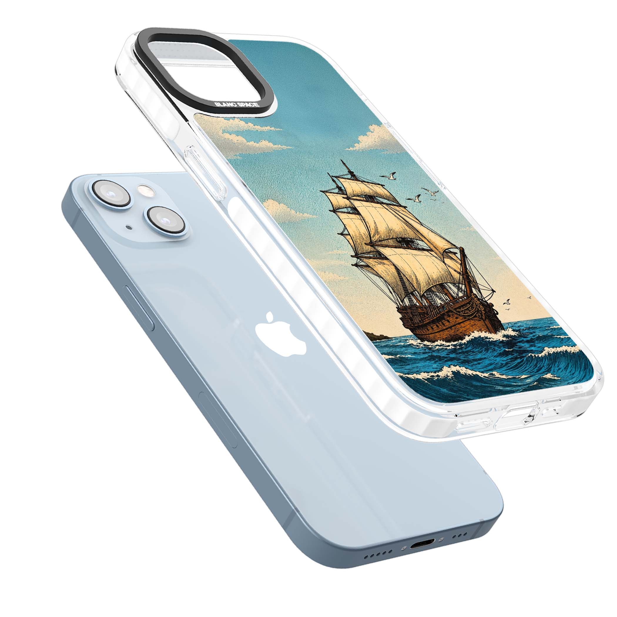 Ship at Sea nautical iPhone case featuring a vintage tall ship, ocean waves and seagulls | Impact Magsafe case for iPhone 13, iPhone 14, iPhone 15