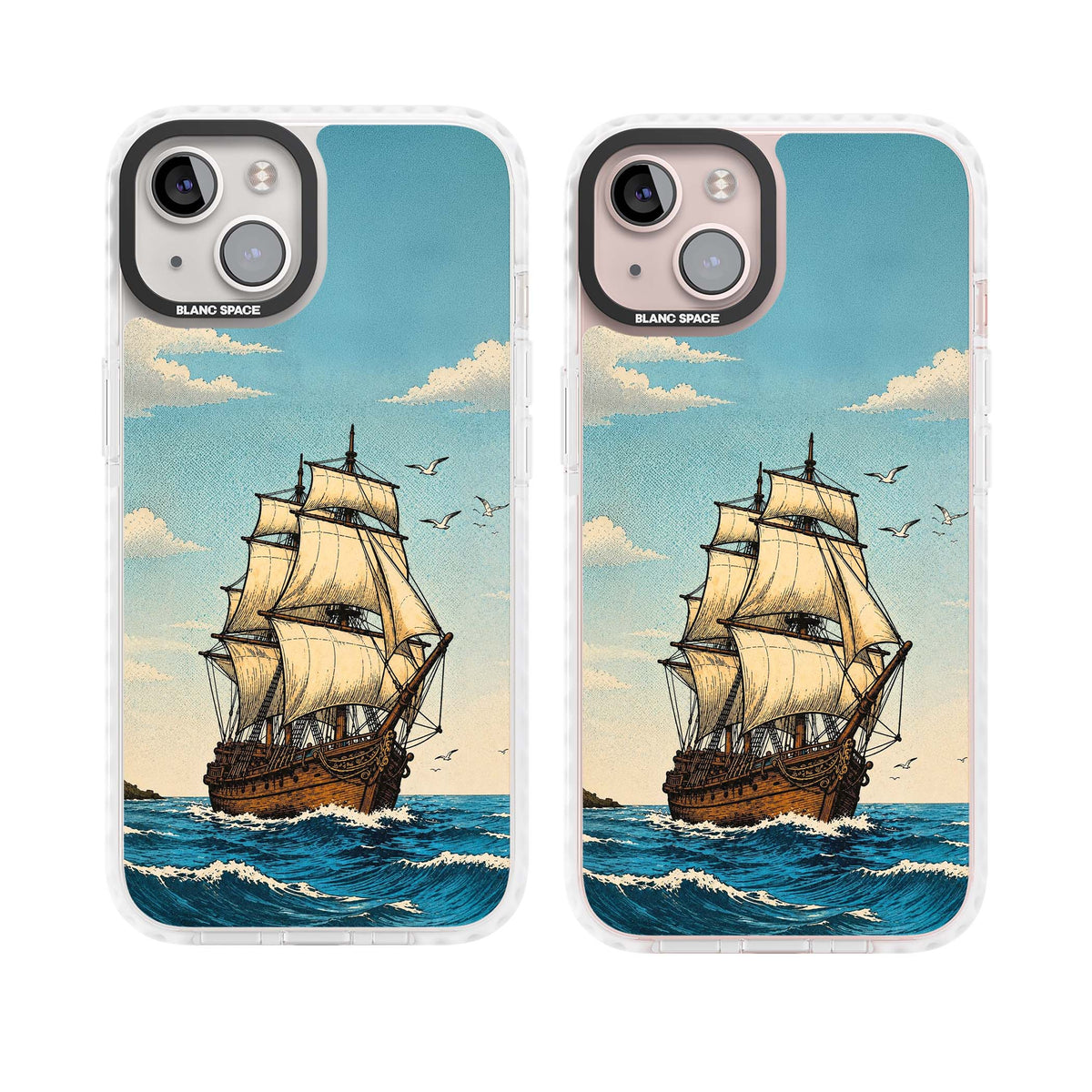 Ship at Sea nautical iPhone case featuring a vintage tall ship, ocean waves and seagulls | Impact Magsafe case for iPhone 13, iPhone 14, iPhone 15