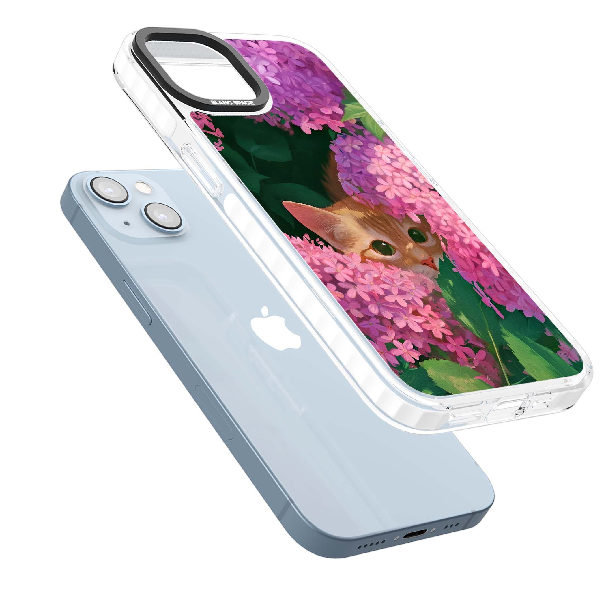 Cat In Pink Flowers cottagecore iPhone case featuring a ginger kitten peeking through lilac and pink hydrangea flo | Impact Magsafe case for iPhone 13, iPhone 14, iPhone 15