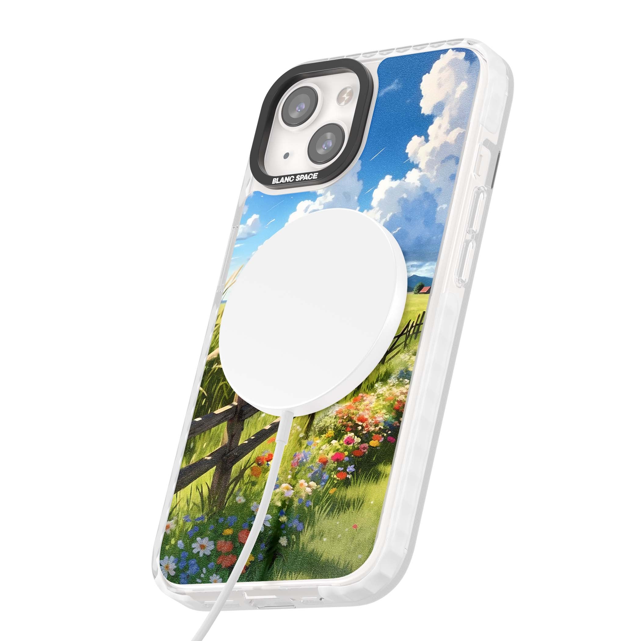 A Countryside Afternoon cottagecore iPhone case featuring a painted countryside meadow, wooden fence, and wildflowers beneath | Impact Magsafe case for iPhone 13, iPhone 14, iPhone 15