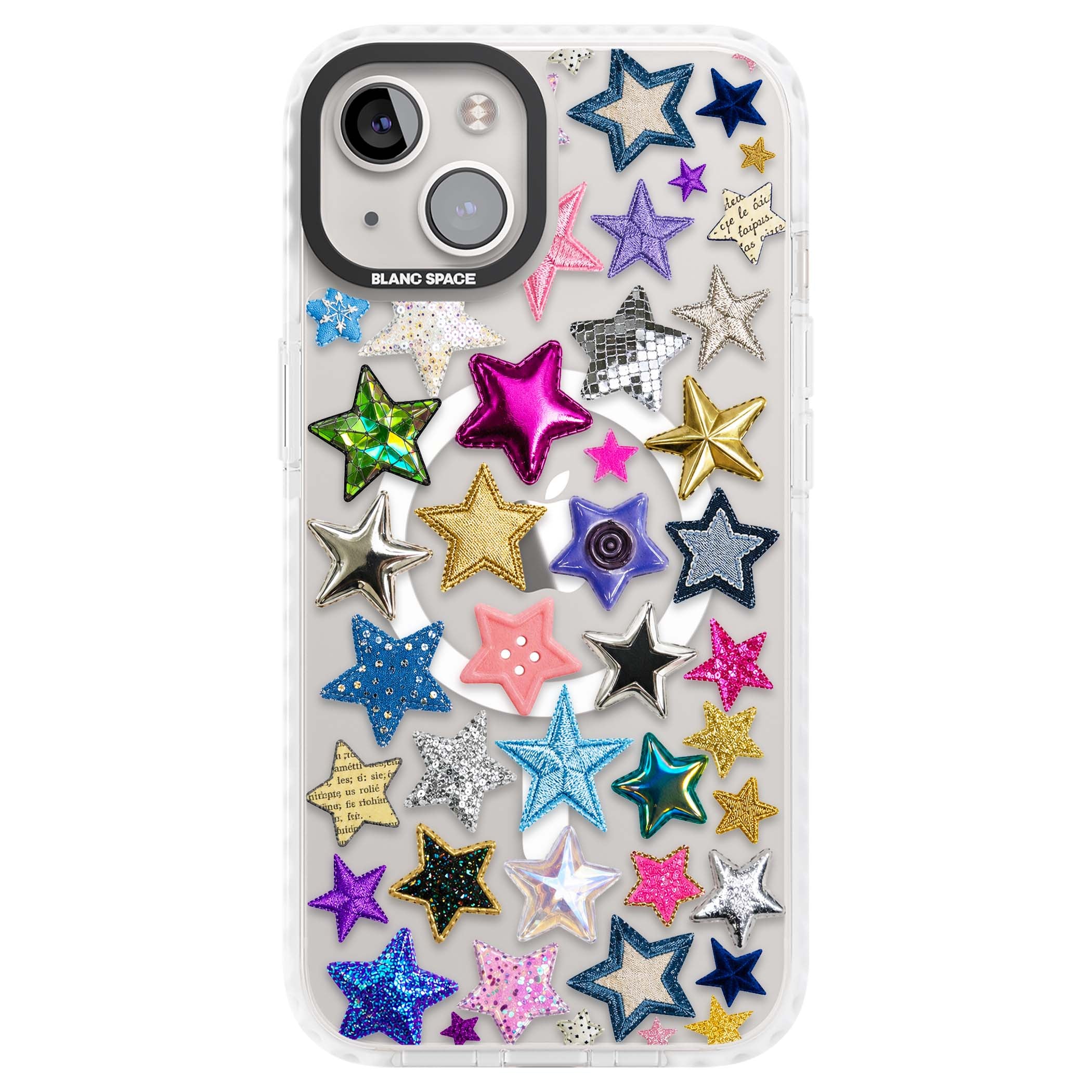 Crafty Star Mix Y2K iPhone case featuring embroidered, sequinned and glitter star patches in rainbow colours | Impact Magsafe case for iPhone 13, iPhone 14, iPhone 15