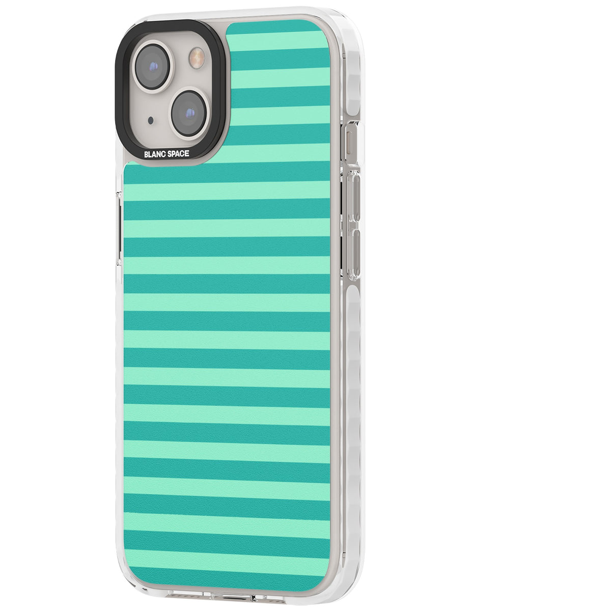 Turquoise Stripe preppy iPhone case featuring horizontal teal and mint green stripes on a black protective frame iPhone 12 / 12 Pro / iPhone 12 / iPhone 12 Pro / iPhone 13 / iPhone 14 / iPhone 14 Plus / iPhone 15 / iPhone 15 Plus Impact Pro Clear Phone Case side