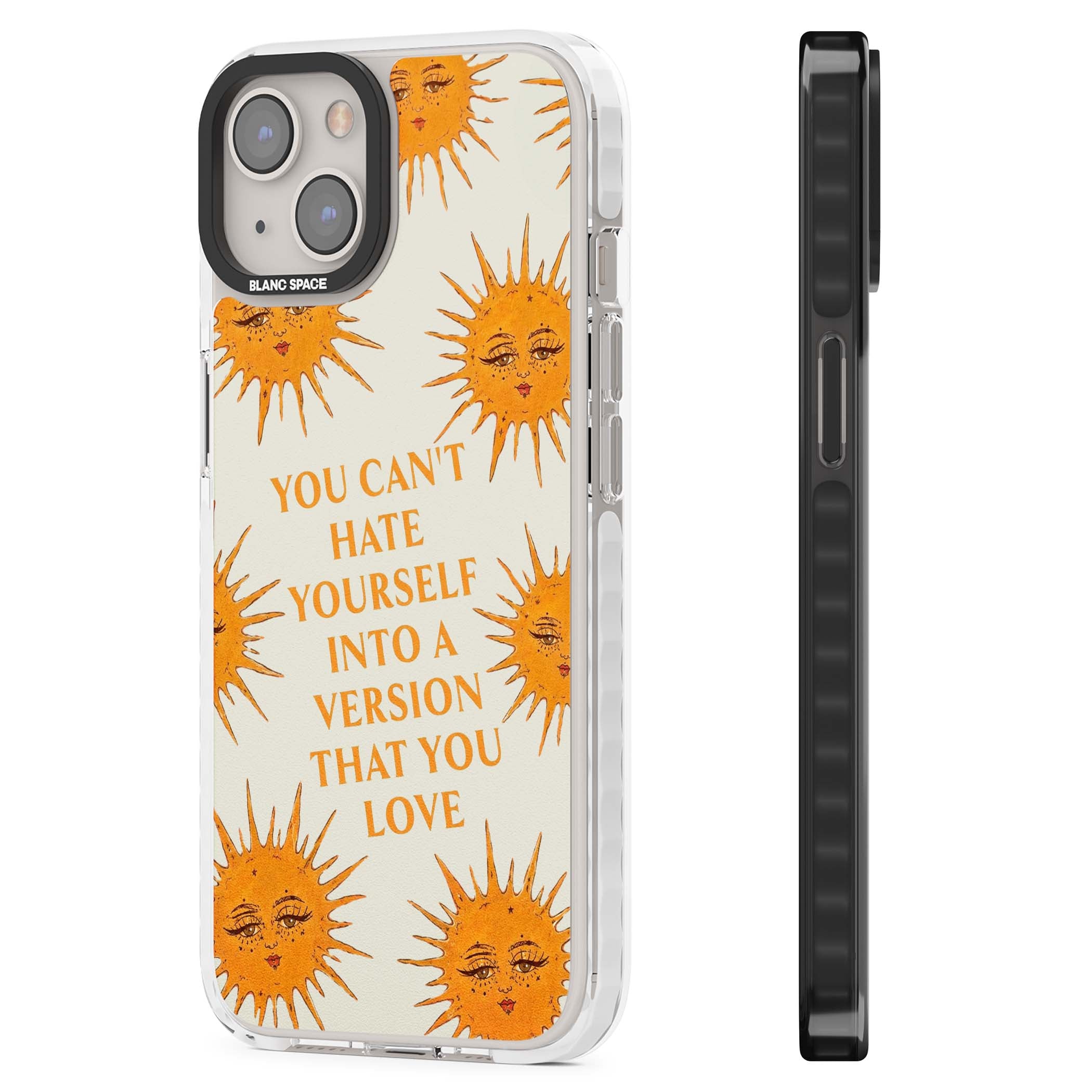 Don't Hate Yourself celestial iPhone case featuring vintage sun faces, ochre rays and a self-love quote | Impact Magsafe case for iPhone 13, iPhone 14, iPhone 15