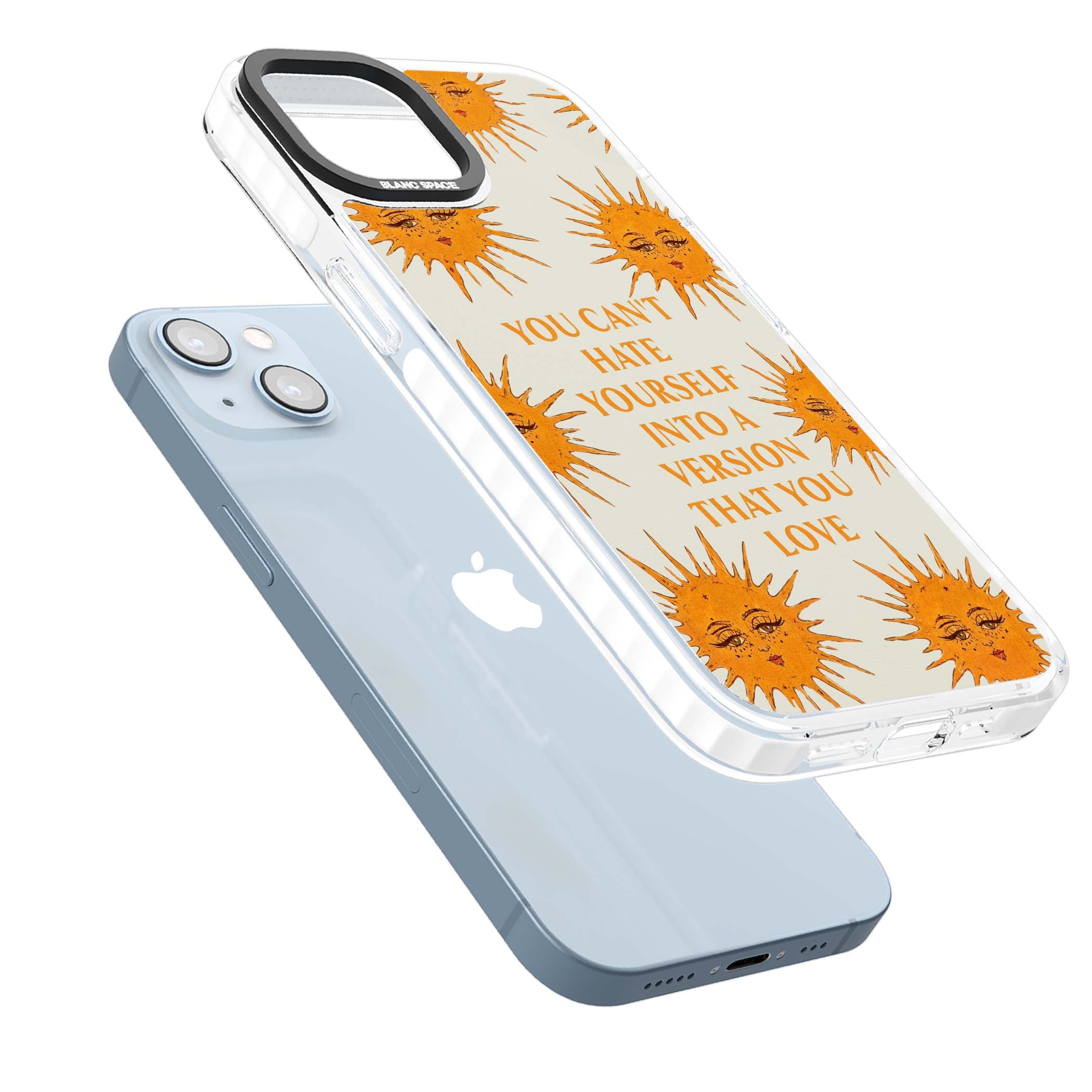 Don't Hate Yourself celestial iPhone case featuring vintage sun faces, ochre rays and a self-love quote | Impact Magsafe case for iPhone 13, iPhone 14, iPhone 15