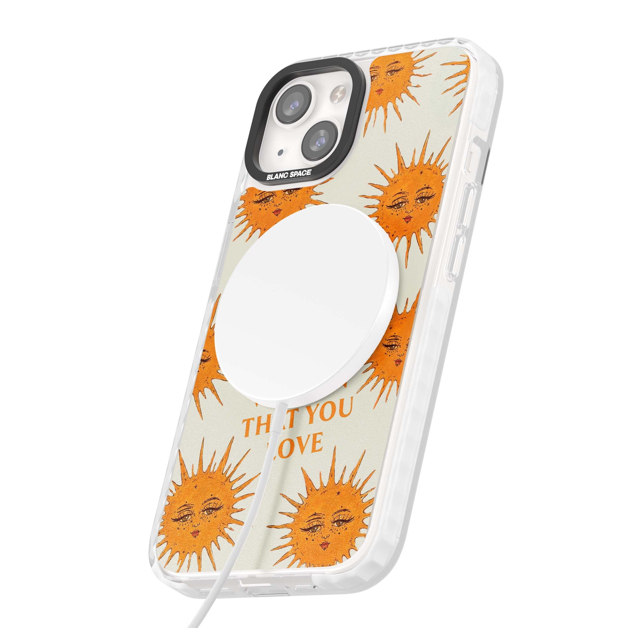 Don't Hate Yourself celestial iPhone case featuring vintage sun faces, ochre rays and a self-love quote | Impact Magsafe case for iPhone 13, iPhone 14, iPhone 15