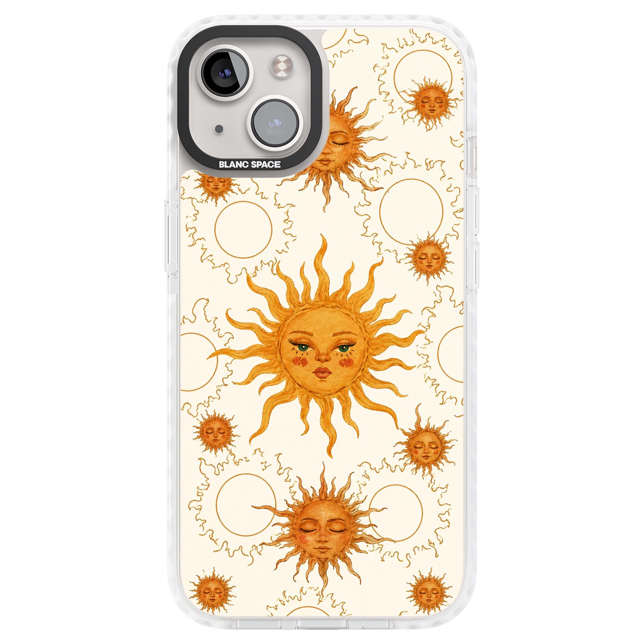 Solstice Muse celestial iPhone case featuring hand-painted golden sun faces, closed-eye sun goddesses and outlined moons... | Impact Magsafe case for iPhone 13, iPhone 14, iPhone 15