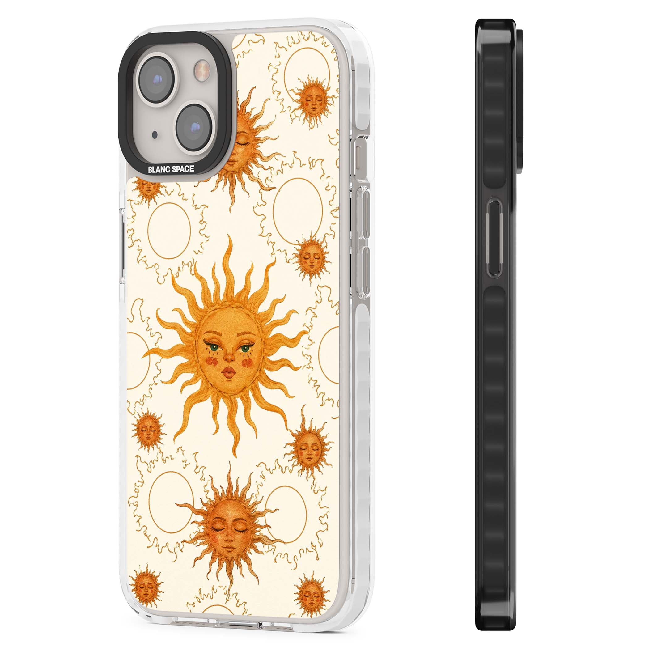 Solstice Muse celestial iPhone case featuring hand-painted golden sun faces, closed-eye sun goddesses and outlined moons... | Impact Magsafe case for iPhone 13, iPhone 14, iPhone 15