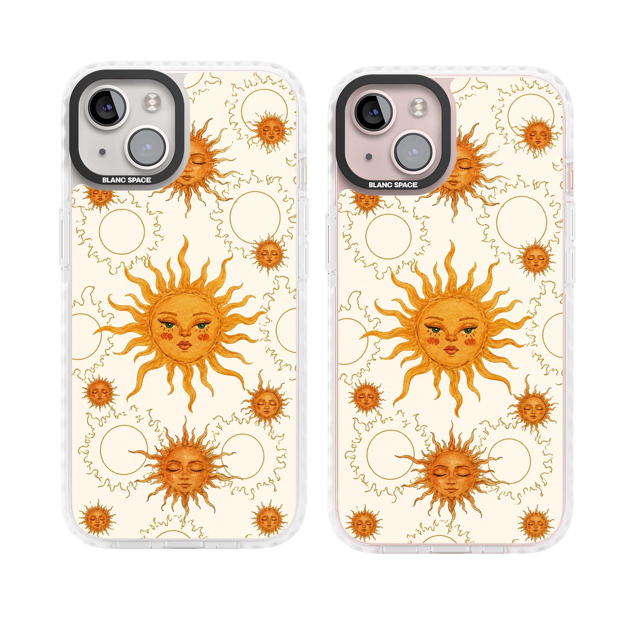 Solstice Muse celestial iPhone case featuring hand-painted golden sun faces, closed-eye sun goddesses and outlined moons... | Impact Magsafe case for iPhone 13, iPhone 14, iPhone 15