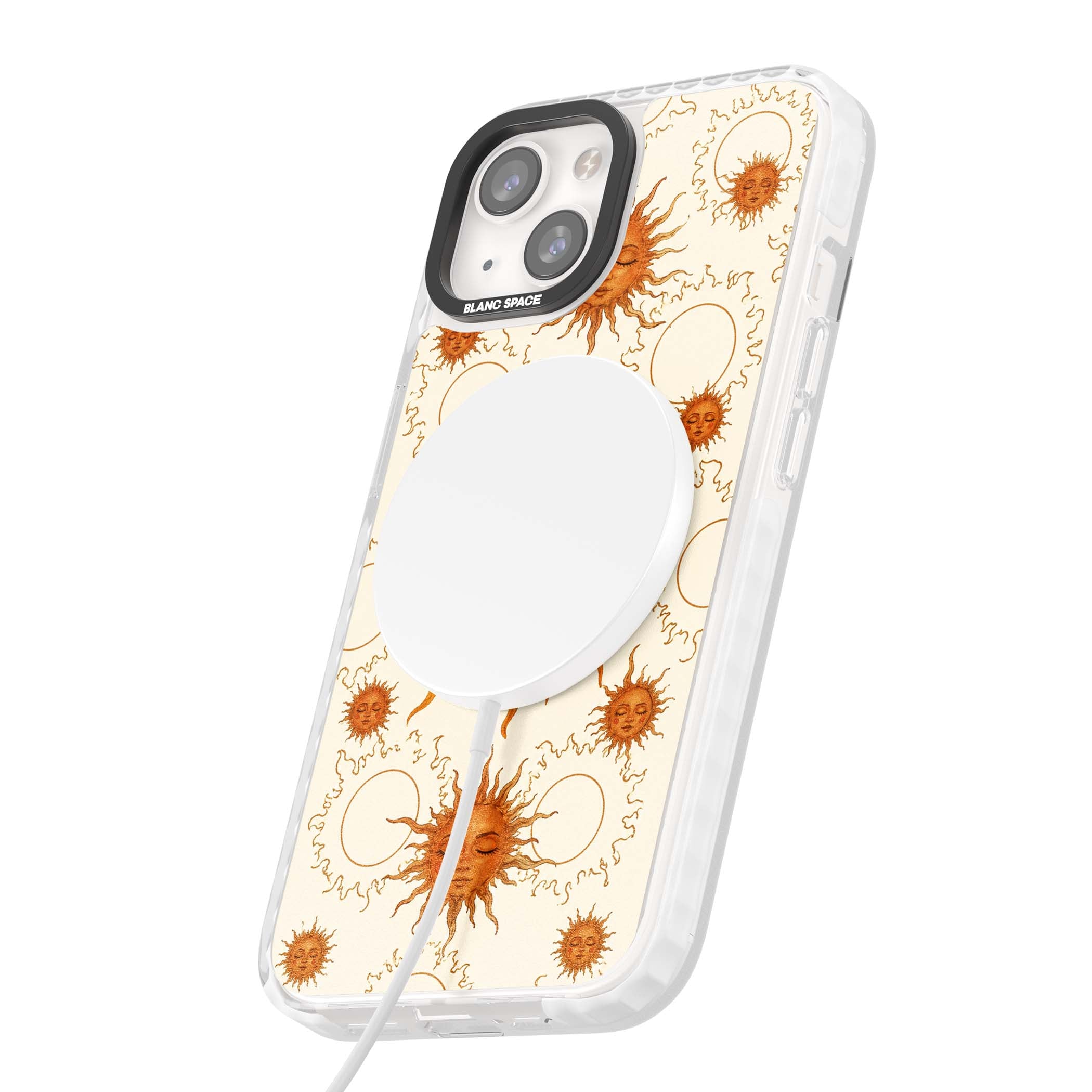 Solstice Muse celestial iPhone case featuring hand-painted golden sun faces, closed-eye sun goddesses and outlined moons... | Impact Magsafe case for iPhone 13, iPhone 14, iPhone 15