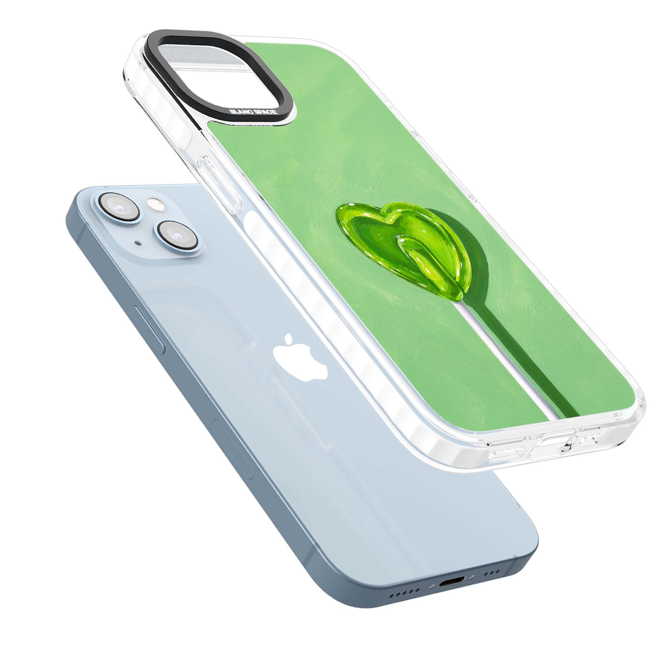 Green Lollipop candy art iPhone case featuring a glossy green heart-shaped lollipop on a painted pastel green background | Impact Magsafe case for iPhone 13, iPhone 14, iPhone 15