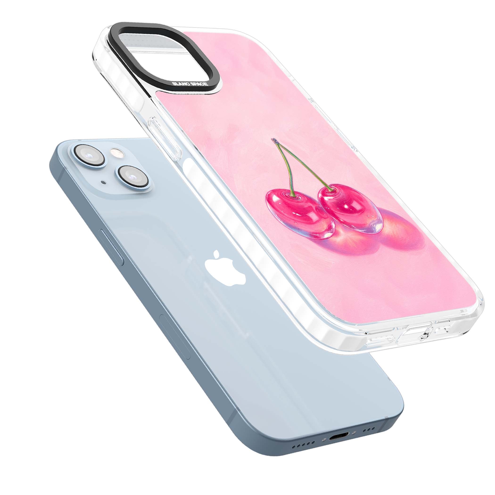 Pink Glass Cherry coquette iPhone case featuring two glossy painted cherries on a soft pink background | Impact Magsafe case for iPhone 13, iPhone 14, iPhone 15