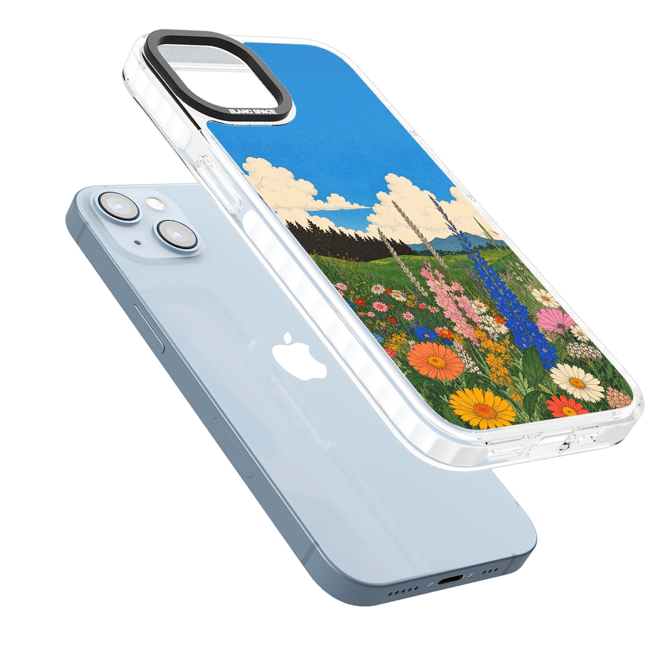 Wildbloom wildflower iPhone case featuring a vintage Japanese-style meadow landscape with daisies, delphiniums and moun | Impact Magsafe case for iPhone 13, iPhone 14, iPhone 15