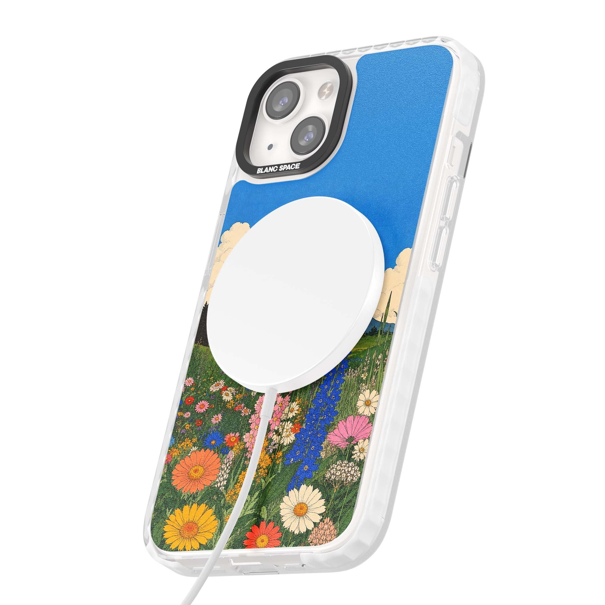 Wildbloom wildflower iPhone case featuring a vintage Japanese-style meadow landscape with daisies, delphiniums and moun | Impact Magsafe case for iPhone 13, iPhone 14, iPhone 15