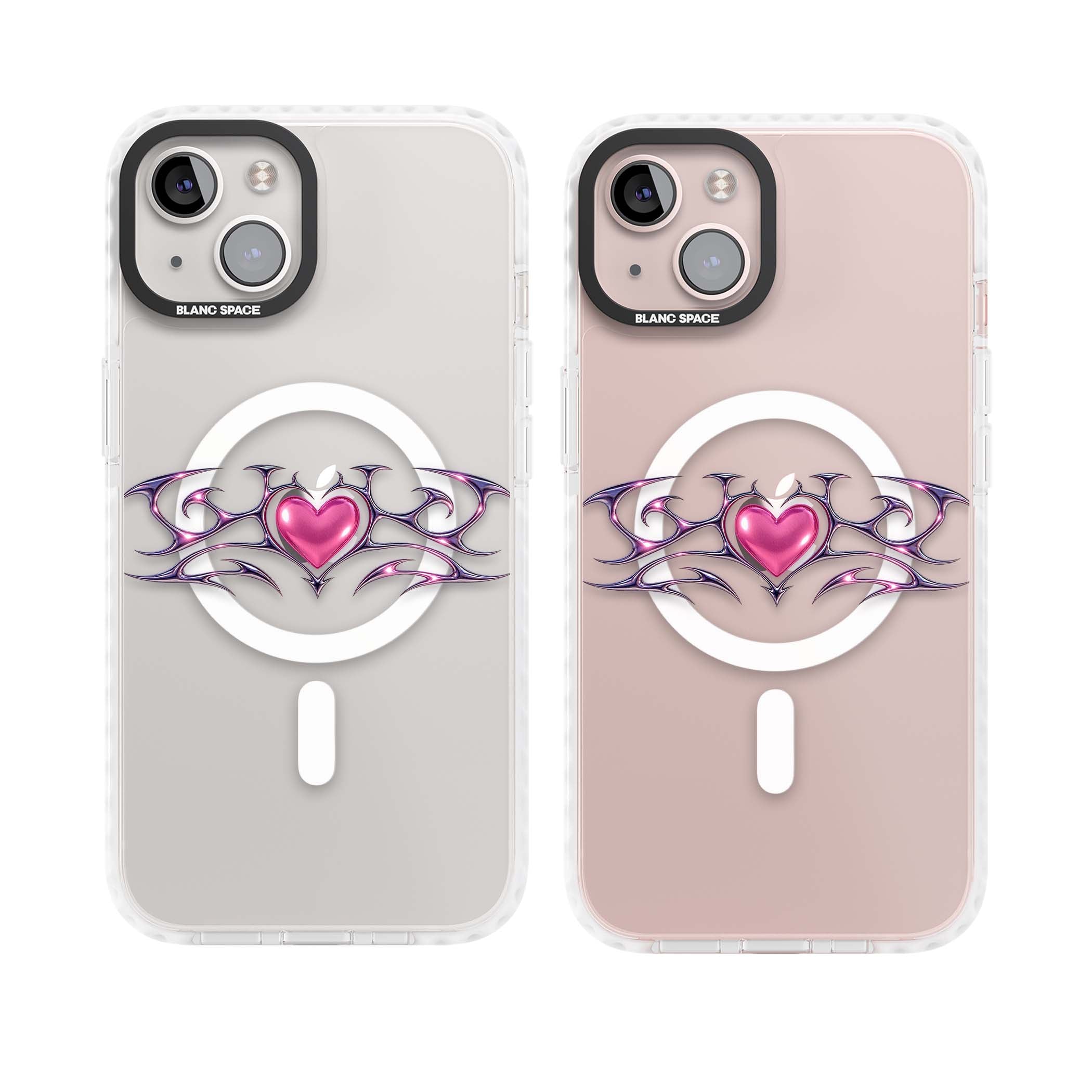 Pink Chrome Heart y2k iPhone case | Impact Magsafe case for iPhone 13, iPhone 14, iPhone 15