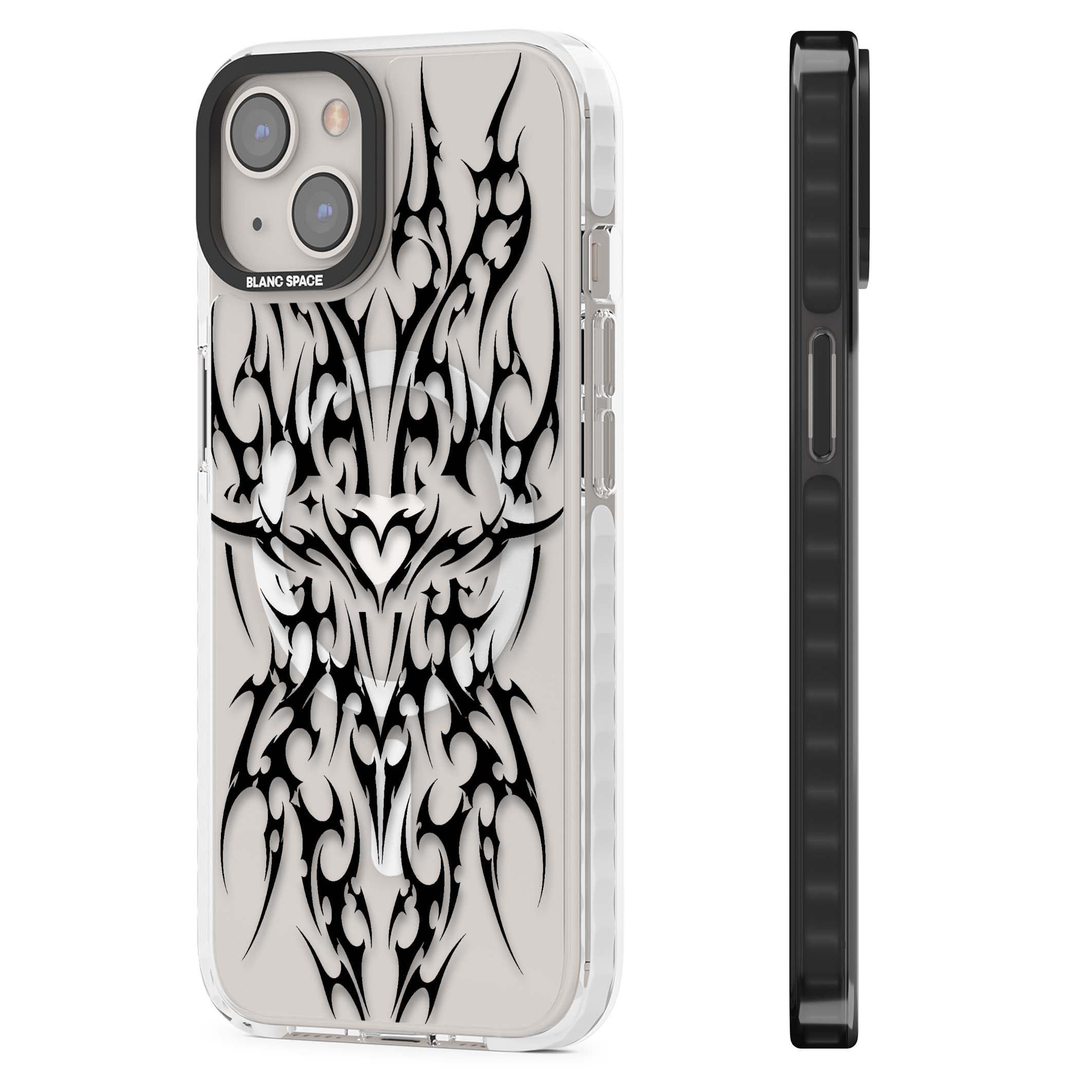 Neo Tribal Heart gothic iPhone case featuring symmetrical black tribal tattoo art with sharp thorn-like linework | Impact Magsafe case for iPhone 13, iPhone 14, iPhone 15