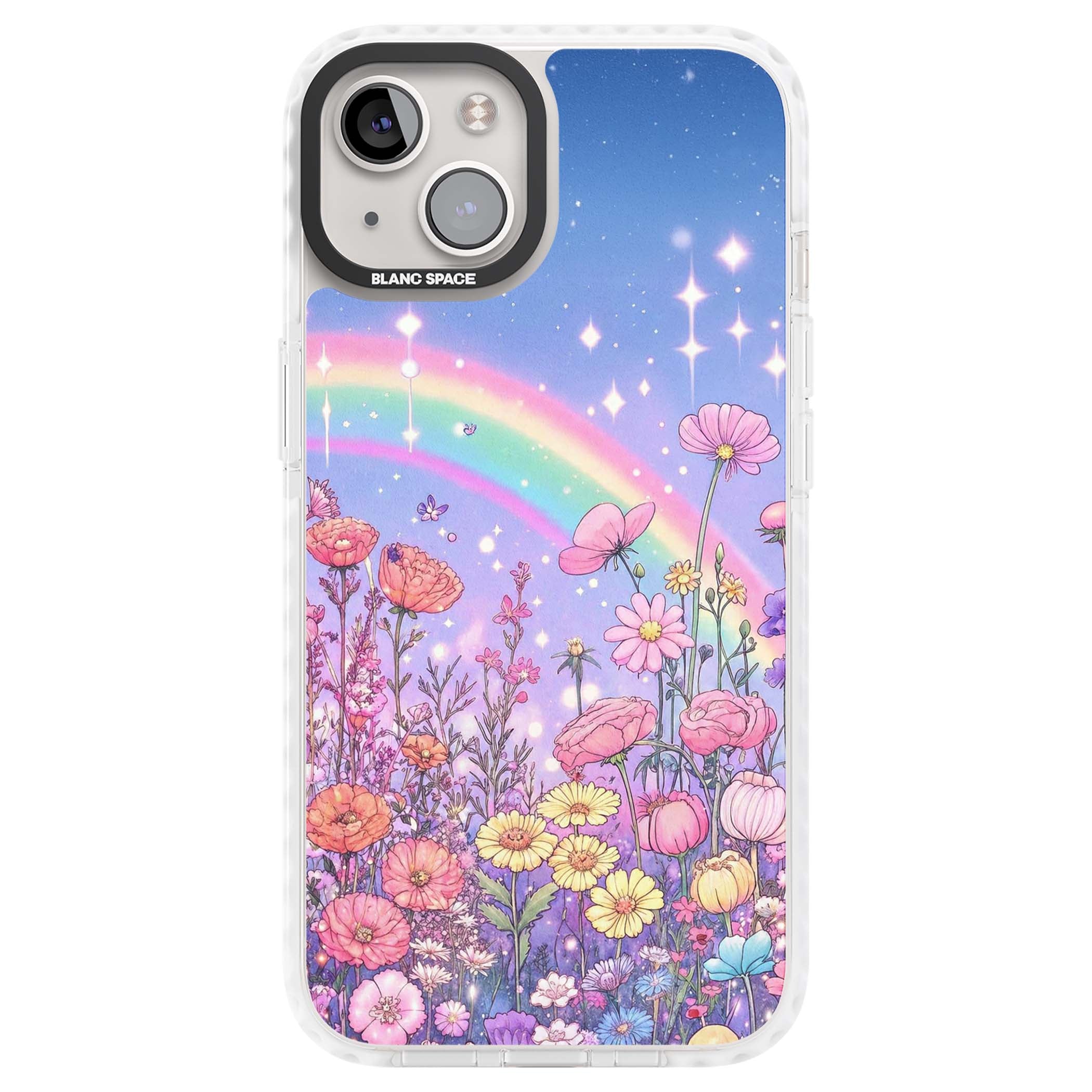 Magical Meadow fairycore iPhone case featuring a pastel rainbow, sparkling stars and a wildflower meadow | Clear Impact case for iPhone 13, iPhone 14, iPhone 15