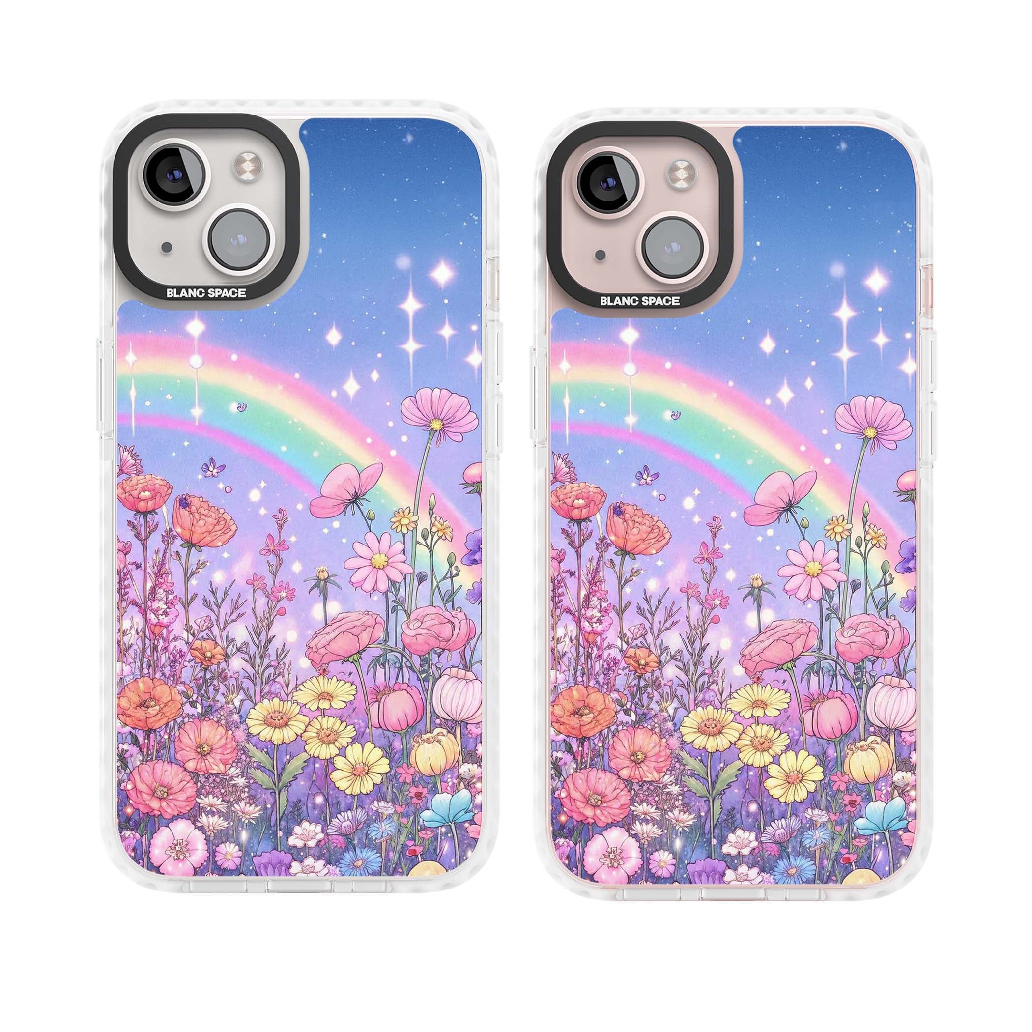 Magical Meadow fairycore iPhone case featuring a pastel rainbow, sparkling stars and a wildflower meadow | Clear Impact case for iPhone 13, iPhone 14, iPhone 15
