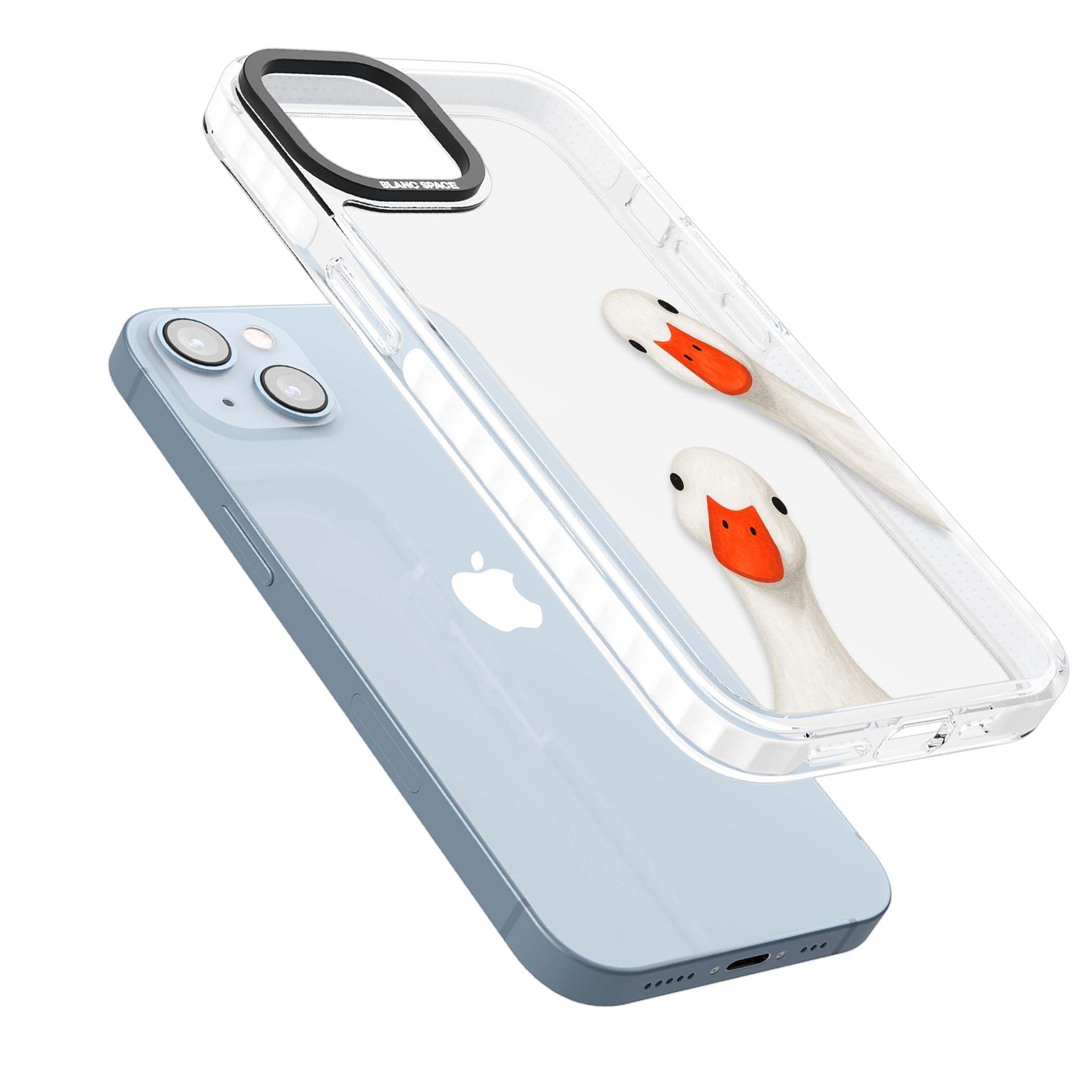 Nosy Ducks cottagecore iPhone case featuring two peeking white ducks with orange beaks on a clear background | Clear Impact case for iPhone 13, iPhone 14, iPhone 15