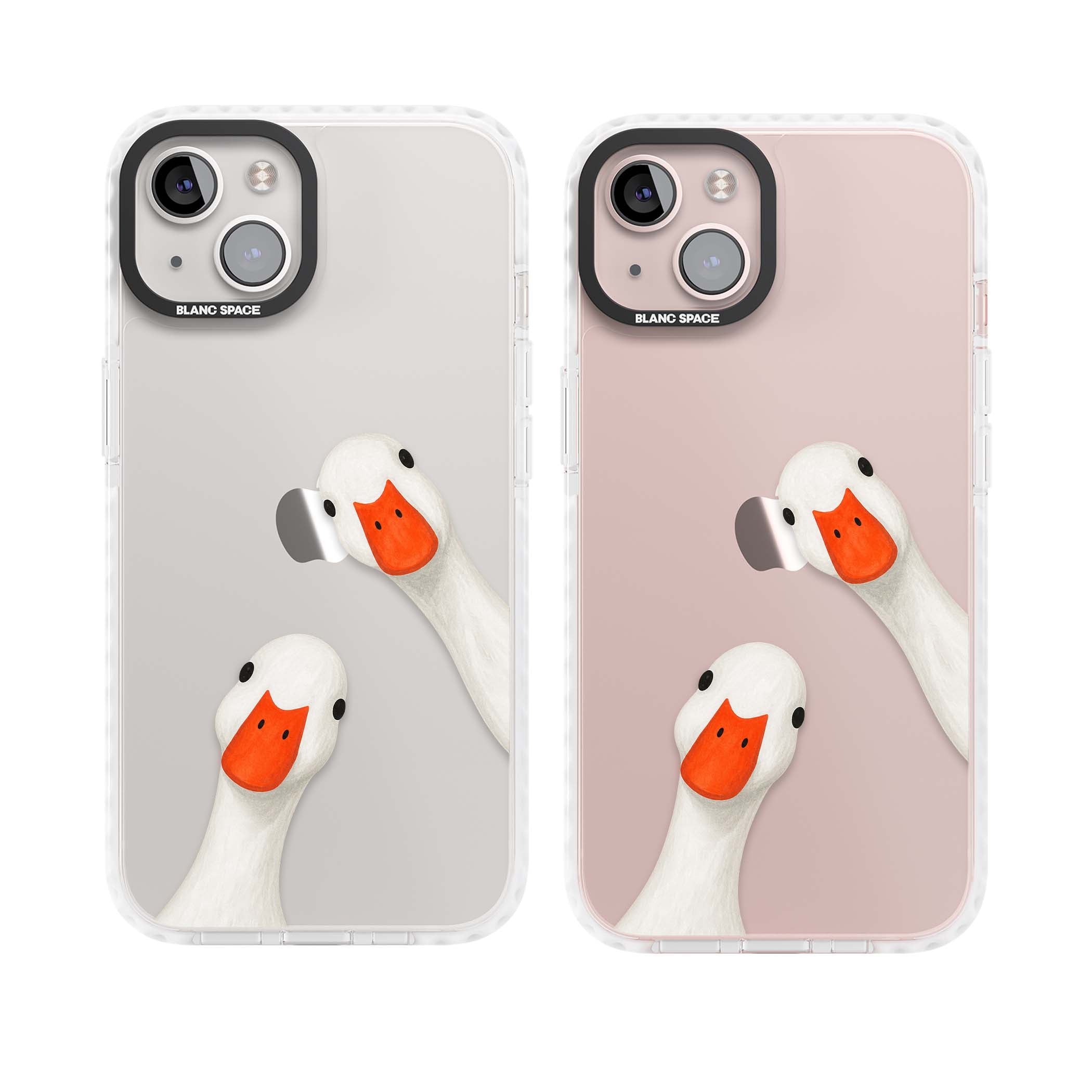 Nosy Ducks cottagecore iPhone case featuring two peeking white ducks with orange beaks on a clear background | Clear Impact case for iPhone 13, iPhone 14, iPhone 15