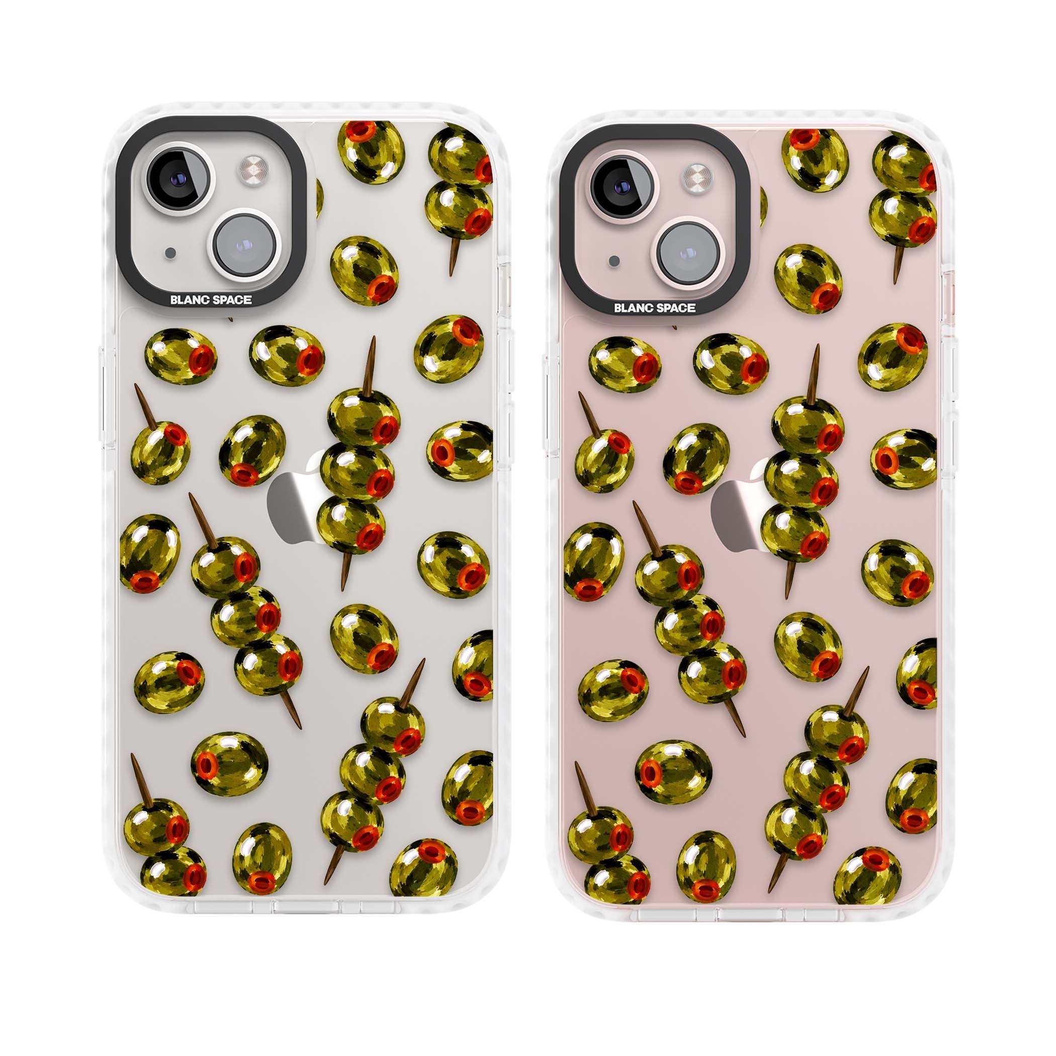 Painted Olives cocktail iPhone case featuring green olives, pimento centres and toothpick skewers on a clear background | Clear Impact case for iPhone 13, iPhone 14, iPhone 15