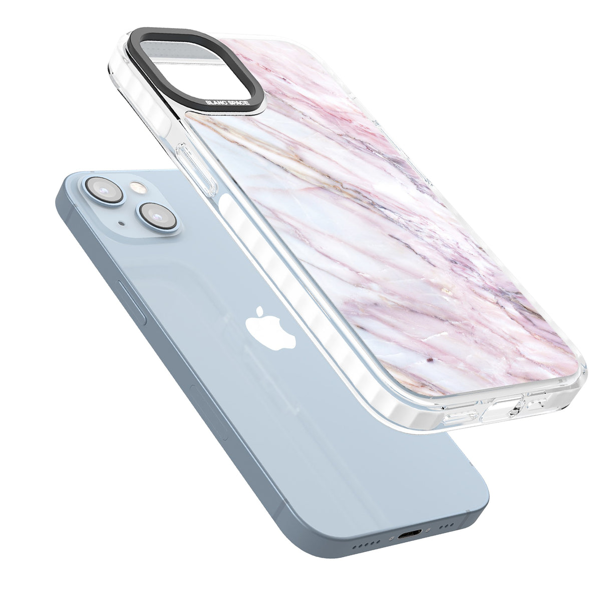 Blush Marble Glow iPhone 12 / 12 Pro / iPhone 13 / iPhone 14 / iPhone 14 Plus / iPhone 15 / iPhone 15 Plus Impact Clear Phone Case angled