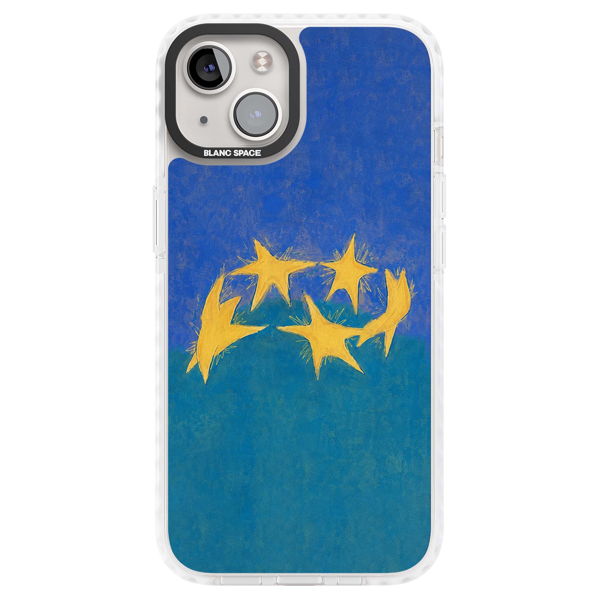 Star Boogie stars aesthetic iPhone case featuring five yellow hand-painted stars on cobalt blue and teal | Clear Impact case for iPhone 13, iPhone 14, iPhone 15