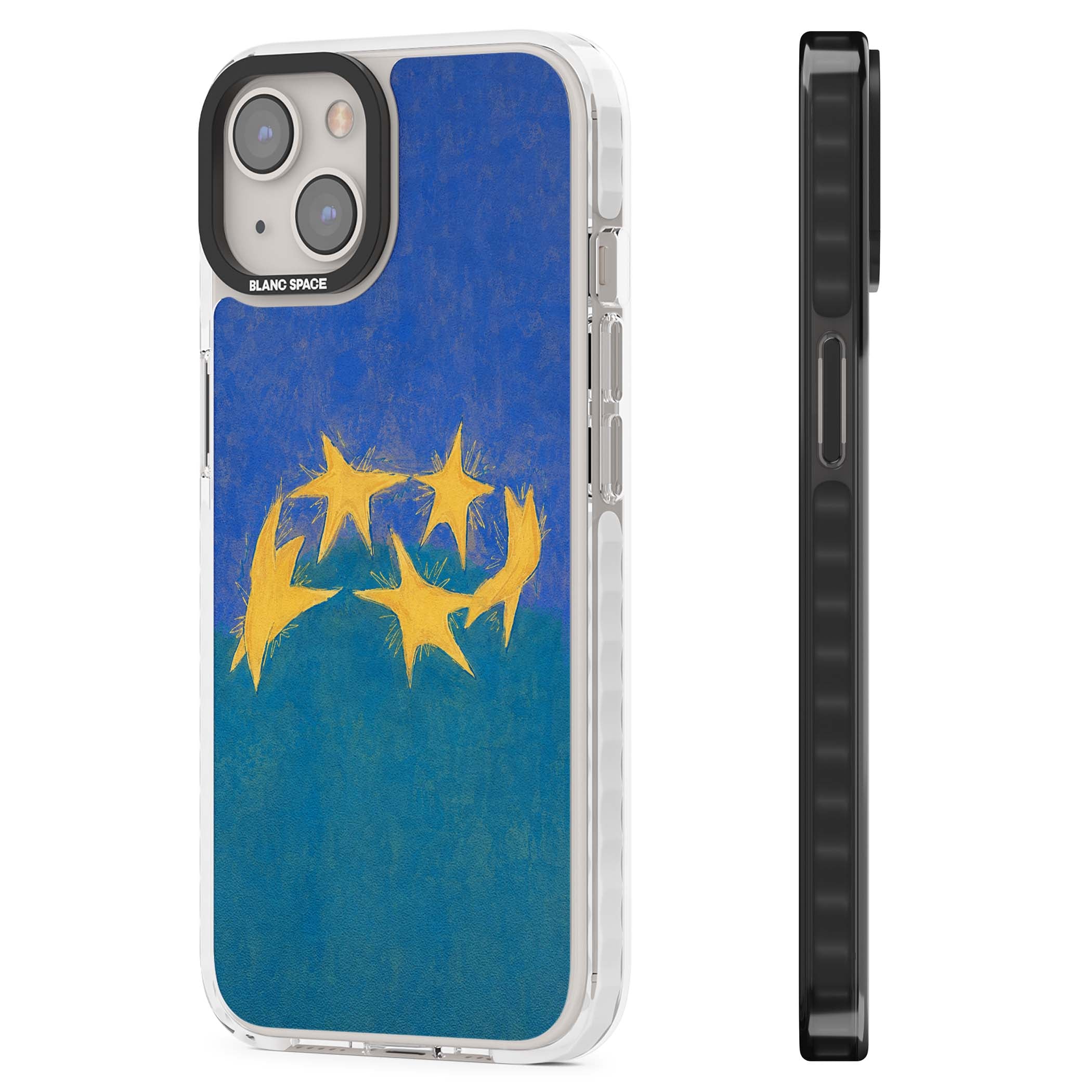 Star Boogie stars aesthetic iPhone case featuring five yellow hand-painted stars on cobalt blue and teal | Clear Impact case for iPhone 13, iPhone 14, iPhone 15