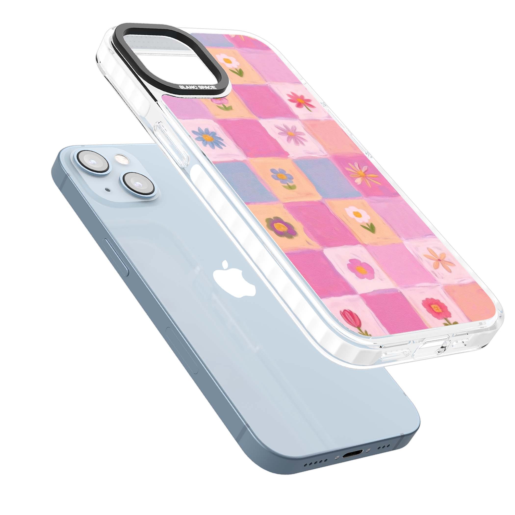 Pastel Flower Patchwork cottagecore iPhone case featuring painted pink and lilac squares with daisies and wildflowers | Clear Impact case for iPhone 13, iPhone 14, iPhone 15