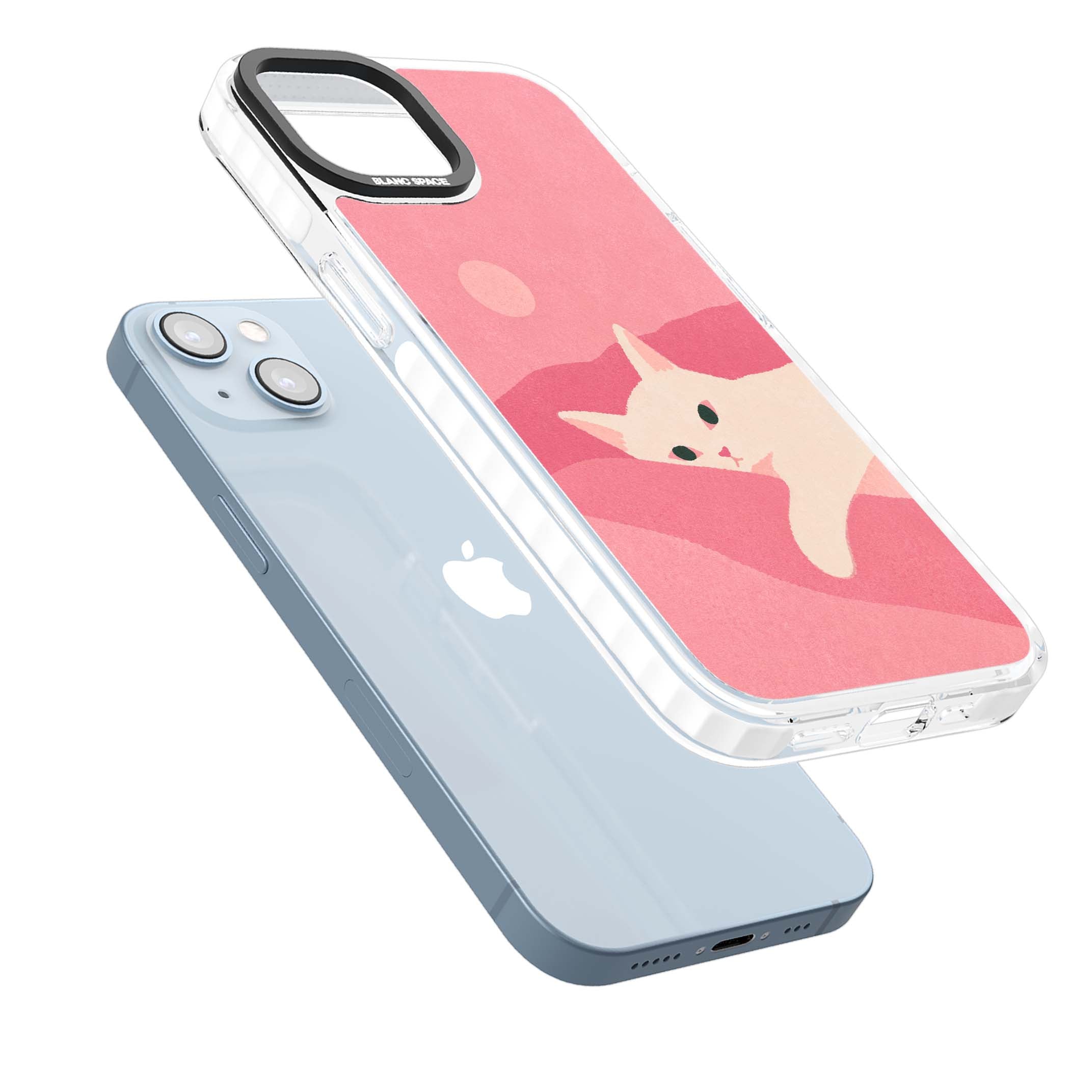 Pink Dreams cute cat iPhone case featuring a white kitten, soft pink hills and a pale pastel sun | Clear Impact case for iPhone 13, iPhone 14, iPhone 15
