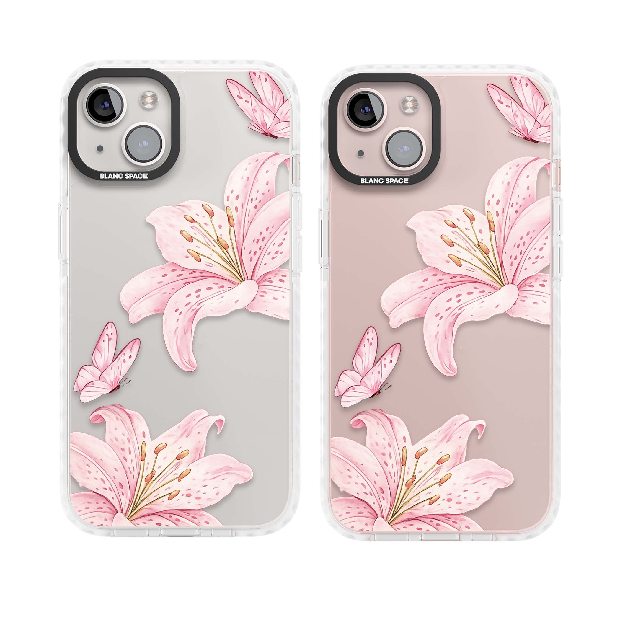 Lily Whisper floral iPhone case featuring pink watercolour lilies and delicate butterflies on a clear background | Clear Impact case for iPhone 13, iPhone 14, iPhone 15