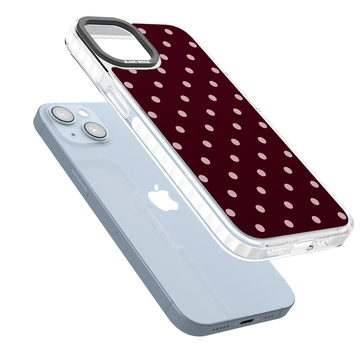 Merlot Dots polka dot iPhone case featuring dusty pink spots on a deep burgundy background in a retro grid iPhone 12 / 12 Pro / iPhone 12 / iPhone 12 Pro / iPhone 13 / iPhone 14 / iPhone 14 Plus / iPhone 15 / iPhone 15 Plus Impact Clear Phone Case angled