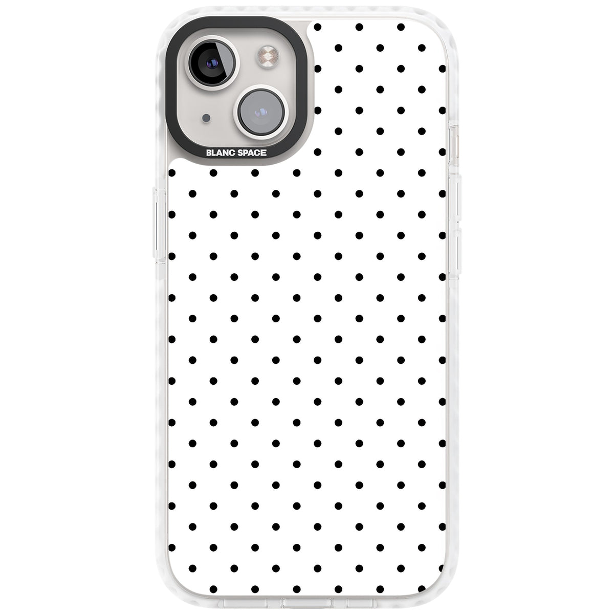 Dalmatian Dots minimal iPhone case featuring small black polka dots on a crisp white background with bold black edges iPhone 12 / 12 Pro / iPhone 12 / iPhone 12 Pro / iPhone 13 / iPhone 14 / iPhone 14 Plus / iPhone 15 / iPhone 15 Plus Impact Clear Phone Case front
