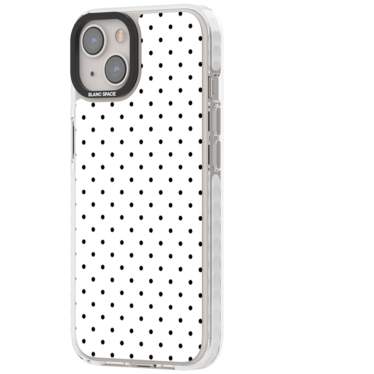 Dalmatian Dots minimal iPhone case featuring small black polka dots on a crisp white background with bold black edges iPhone 12 / 12 Pro / iPhone 12 / iPhone 12 Pro / iPhone 13 / iPhone 14 / iPhone 14 Plus / iPhone 15 / iPhone 15 Plus Impact Clear Phone Case side