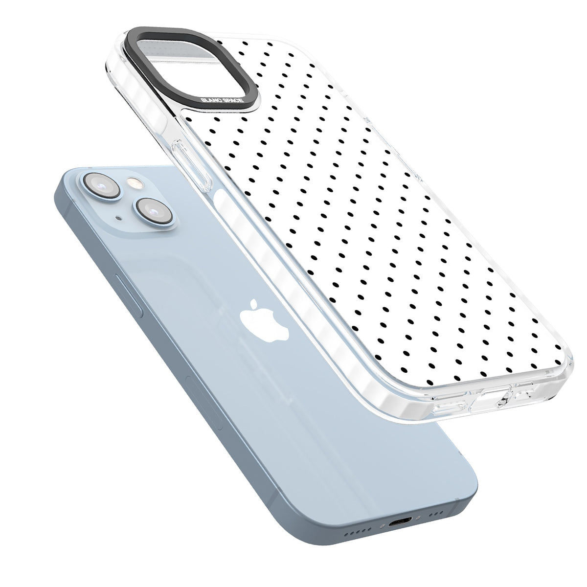 Dalmatian Dots minimal iPhone case featuring small black polka dots on a crisp white background with bold black edges iPhone 12 / 12 Pro / iPhone 12 / iPhone 12 Pro / iPhone 13 / iPhone 14 / iPhone 14 Plus / iPhone 15 / iPhone 15 Plus Impact Clear Phone Case angled