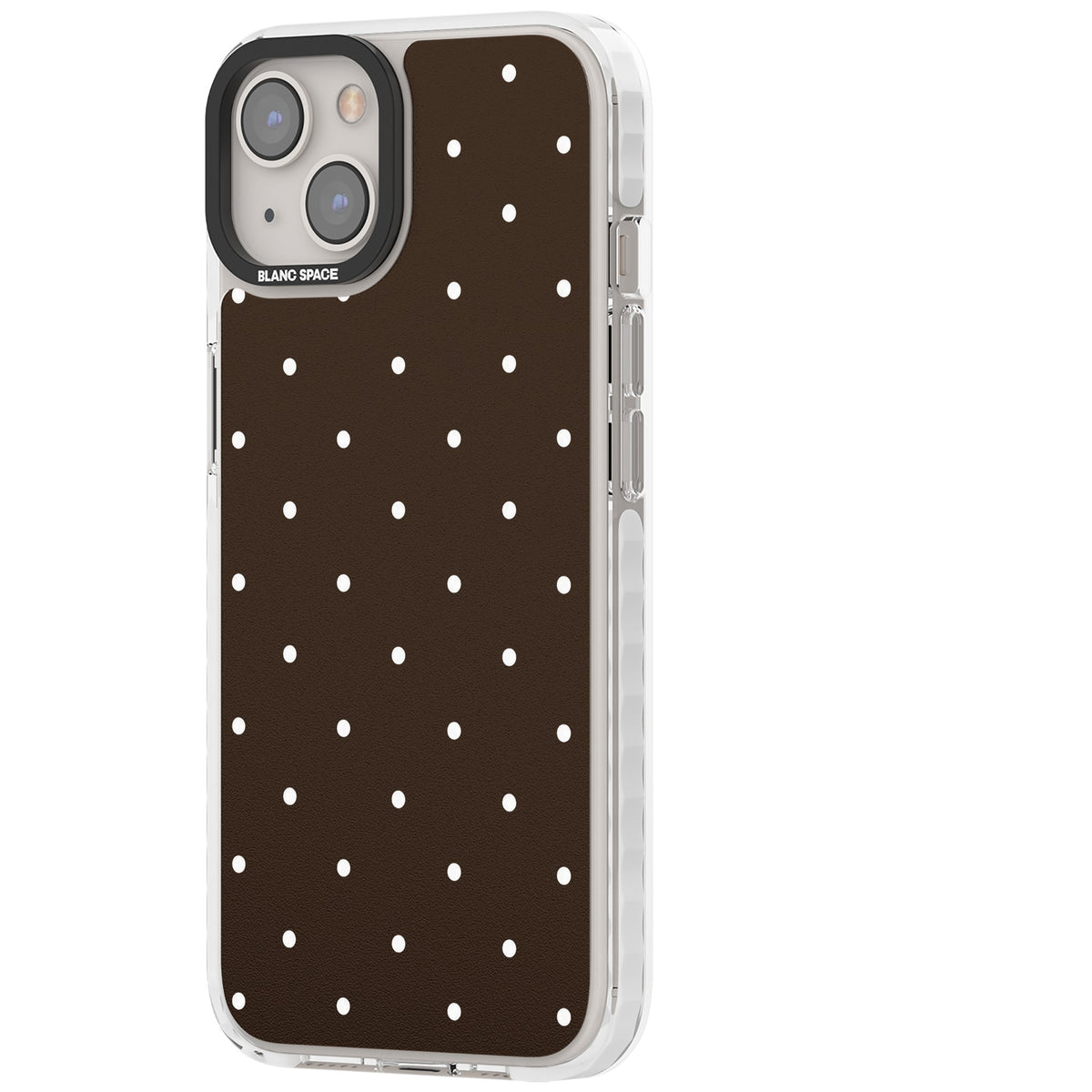 Espresso Dots minimalist iPhone case featuring white polka dots on a rich chocolate brown background iPhone 12 / 12 Pro / iPhone 12 / iPhone 12 Pro / iPhone 13 / iPhone 14 / iPhone 14 Plus / iPhone 15 / iPhone 15 Plus Impact Clear Phone Case side