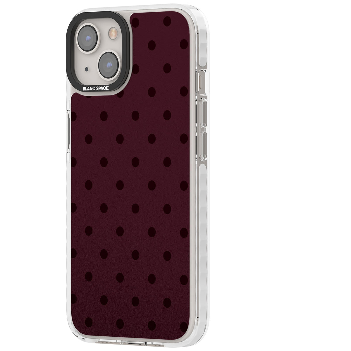 Burgundy Polka Dot minimalist iPhone case featuring black polka dots on a deep burgundy wine red background iPhone 12 / 12 Pro / iPhone 12 / iPhone 12 Pro / iPhone 13 / iPhone 14 / iPhone 14 Plus / iPhone 15 / iPhone 15 Plus Impact Clear Phone Case side