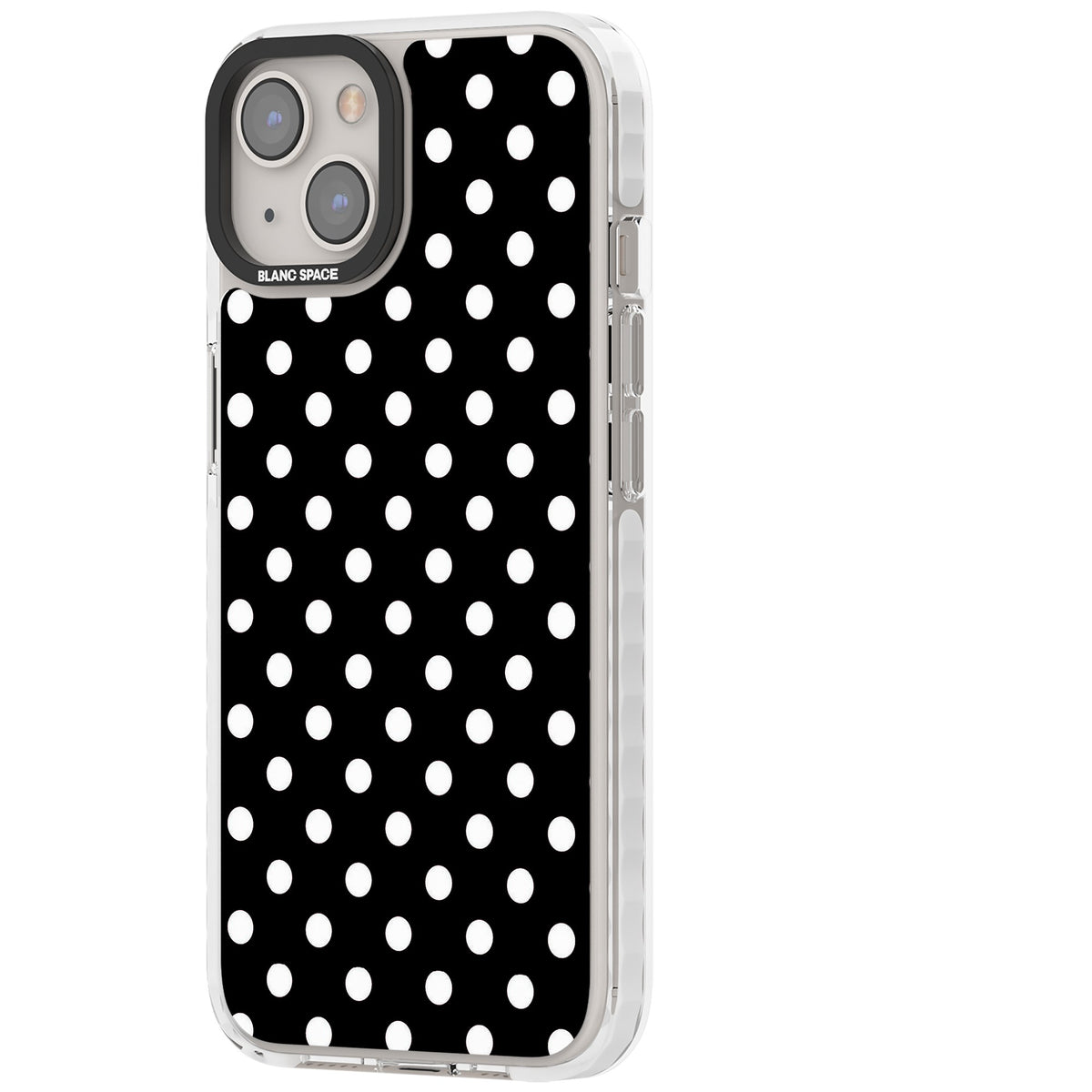 Black & White Polka Dot iPhone 12 / 12 Pro / iPhone 13 / iPhone 14 / iPhone 14 Plus / iPhone 15 / iPhone 15 Plus Impact Clear Phone Case side