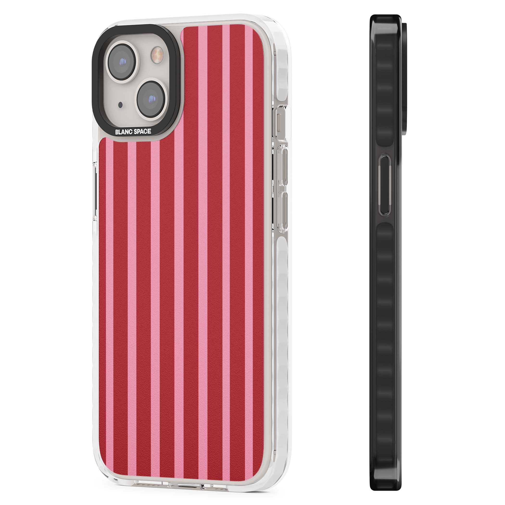 Raspberry Stripe coquette iPhone case featuring red and pink vertical stripes in a candy-inspired pattern | Clear Impact case for iPhone 13, iPhone 14, iPhone 15