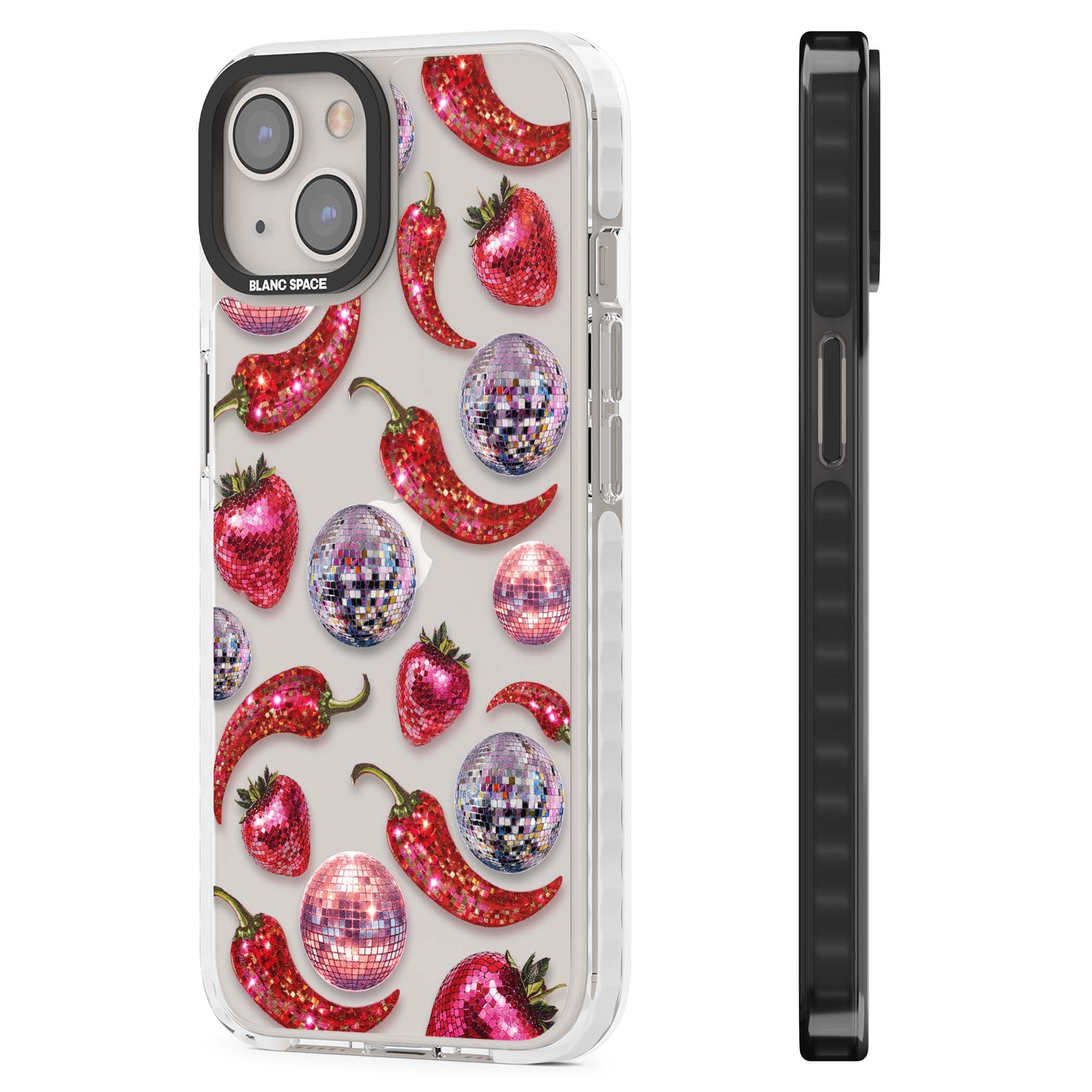 Spicy Disco Y2K iPhone case featuring glitter disco balls, sparkly strawberries and red chilli peppers | Clear Impact case for iPhone 13, iPhone 14, iPhone 15