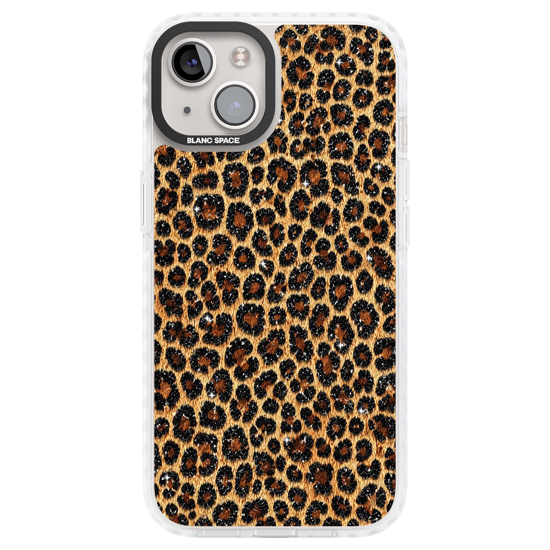 Diamond Leopard leopard print iPhone case featuring golden tan fur, black rosette spots and subtle glitter sparkle | Clear Impact case for iPhone 13, iPhone 14, iPhone 15