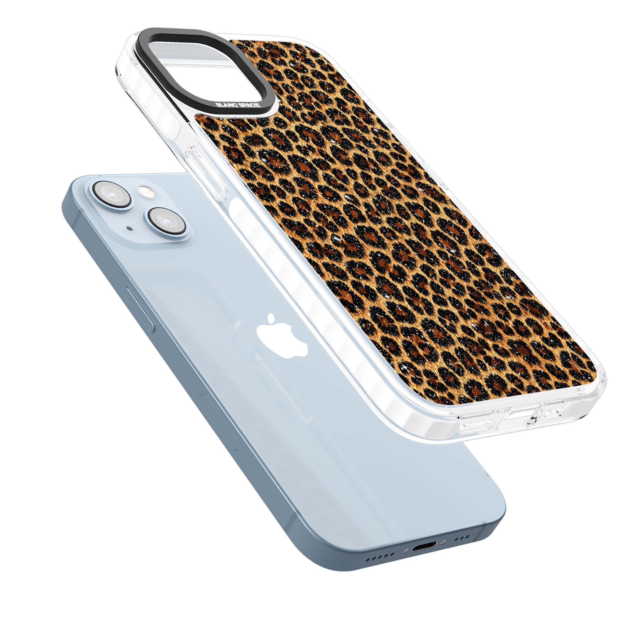 Diamond Leopard leopard print iPhone case featuring golden tan fur, black rosette spots and subtle glitter sparkle | Clear Impact case for iPhone 13, iPhone 14, iPhone 15
