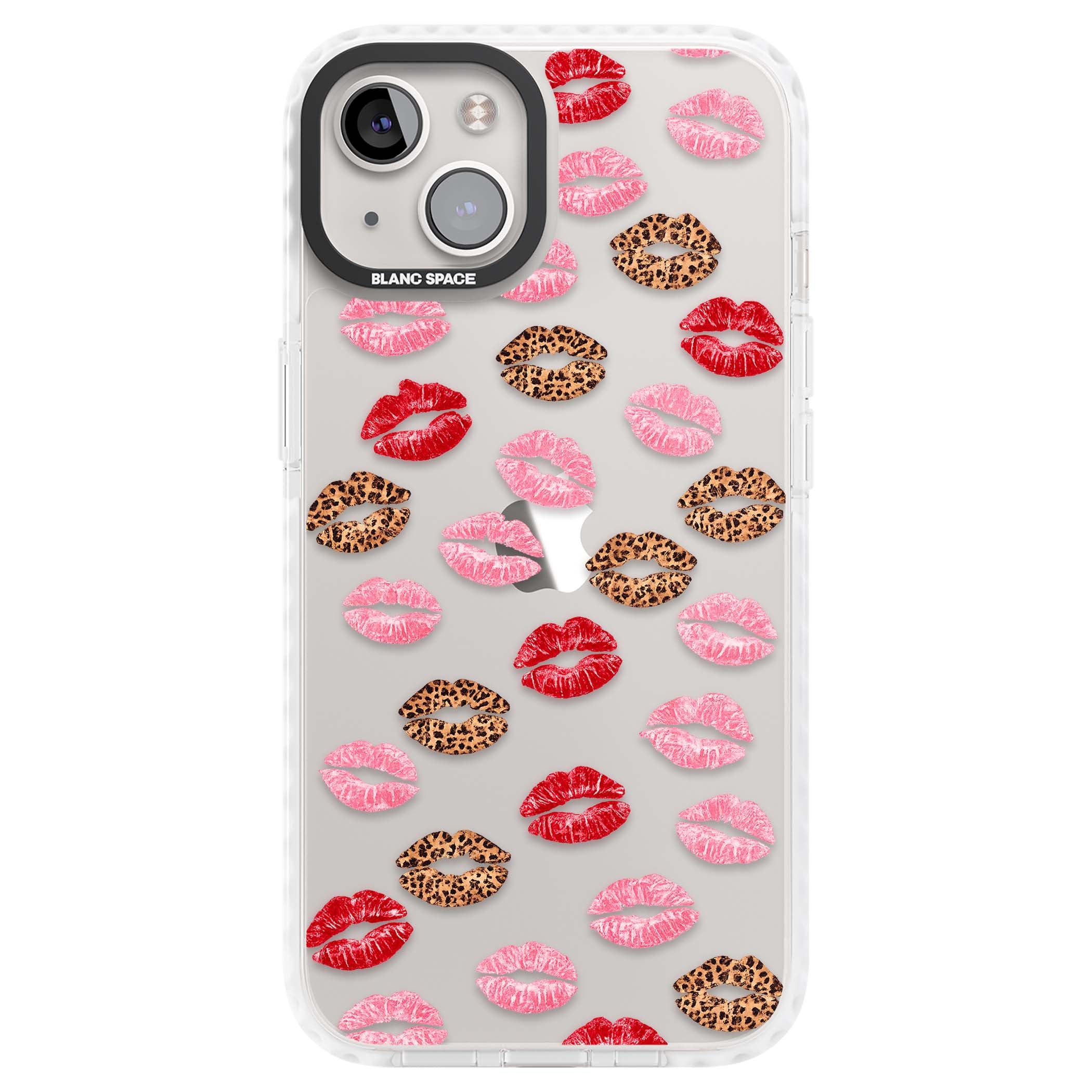 Wild Kisses coquette iPhone case featuring red, pink and leopard print lipstick kiss marks on a clear background | Clear Impact case for iPhone 13, iPhone 14, iPhone 15