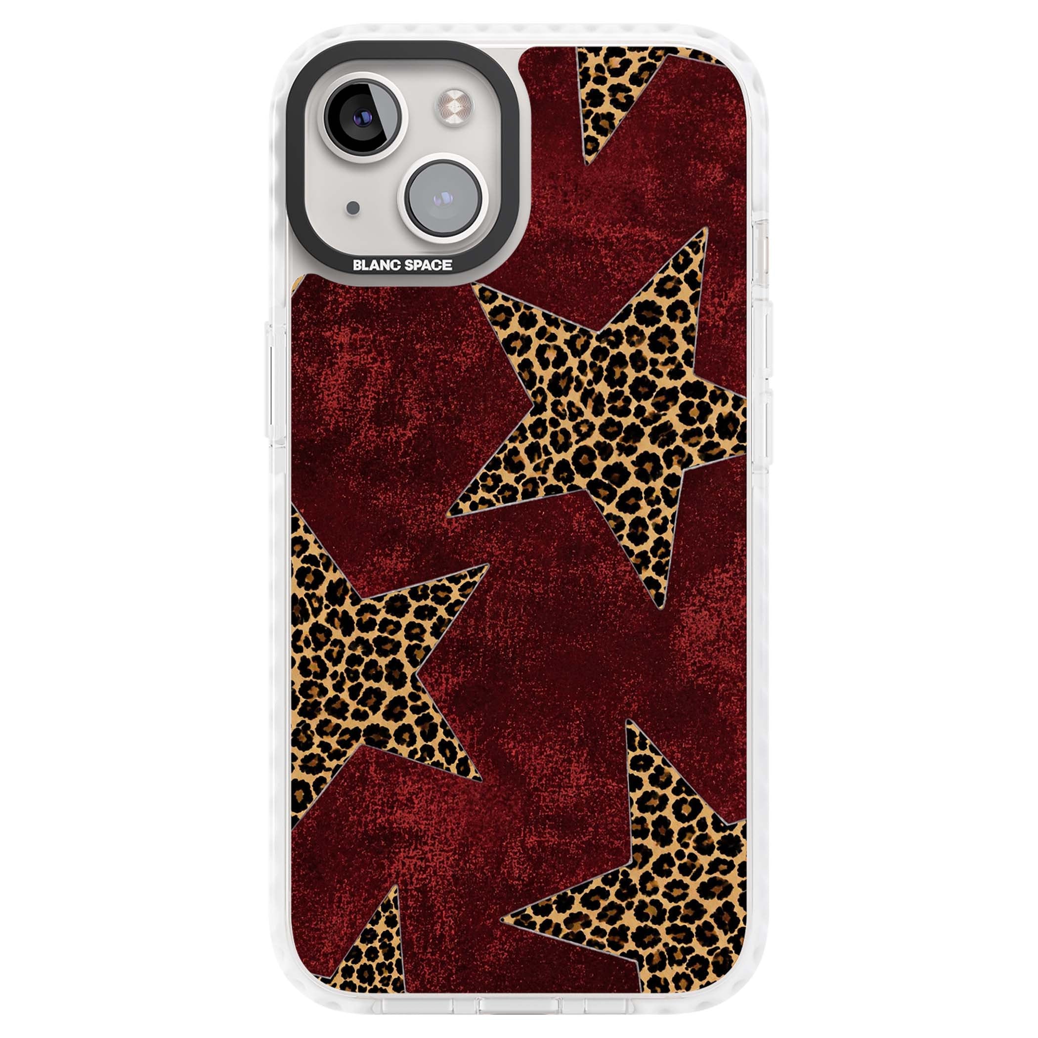 Showgirl leopard print iPhone case featuring cheetah print stars on distressed red grunge background | Clear Impact case for iPhone 13, iPhone 14, iPhone 15