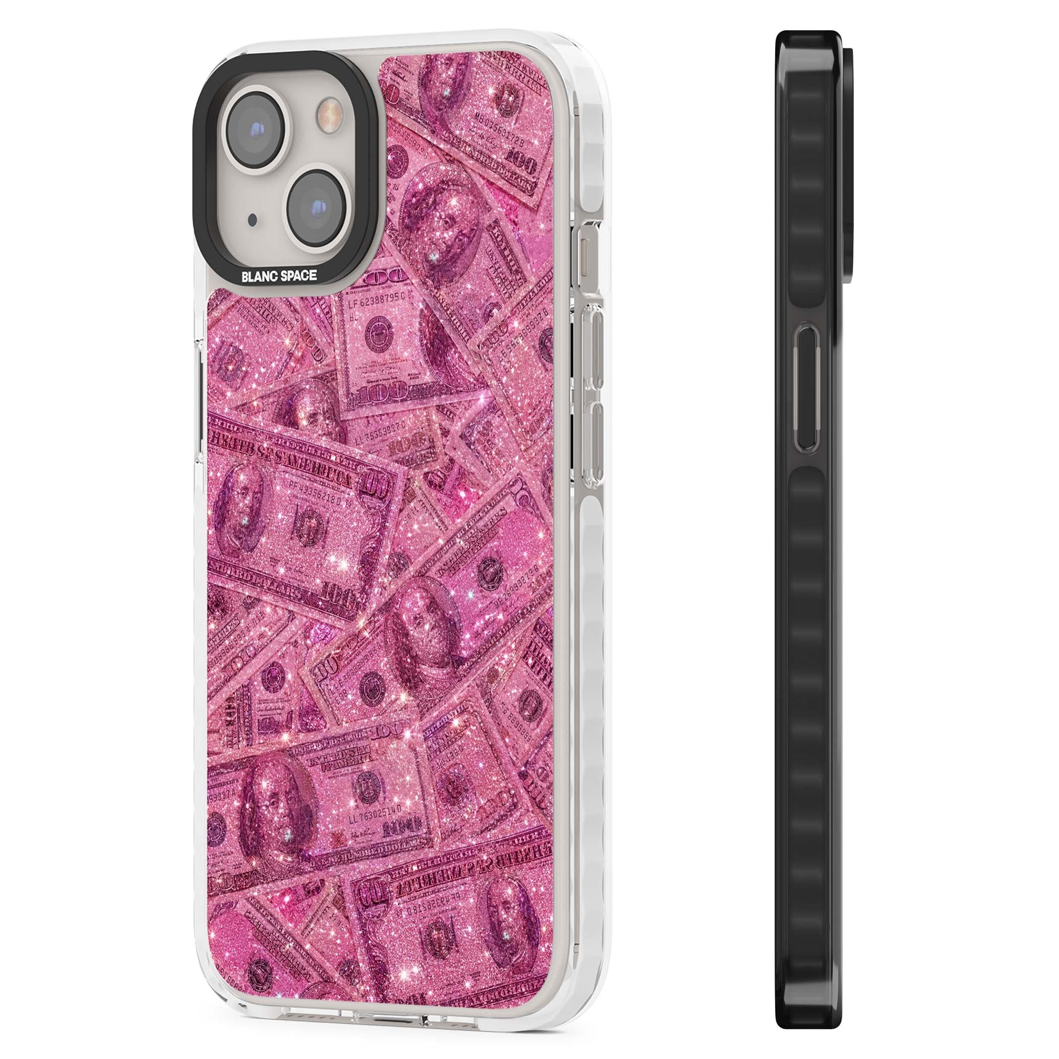 Glamorous baddie iPhone case featuring pink glitter hundred dollar bills and sparkling money wallpaper design | Clear Impact case for iPhone 13, iPhone 14, iPhone 15