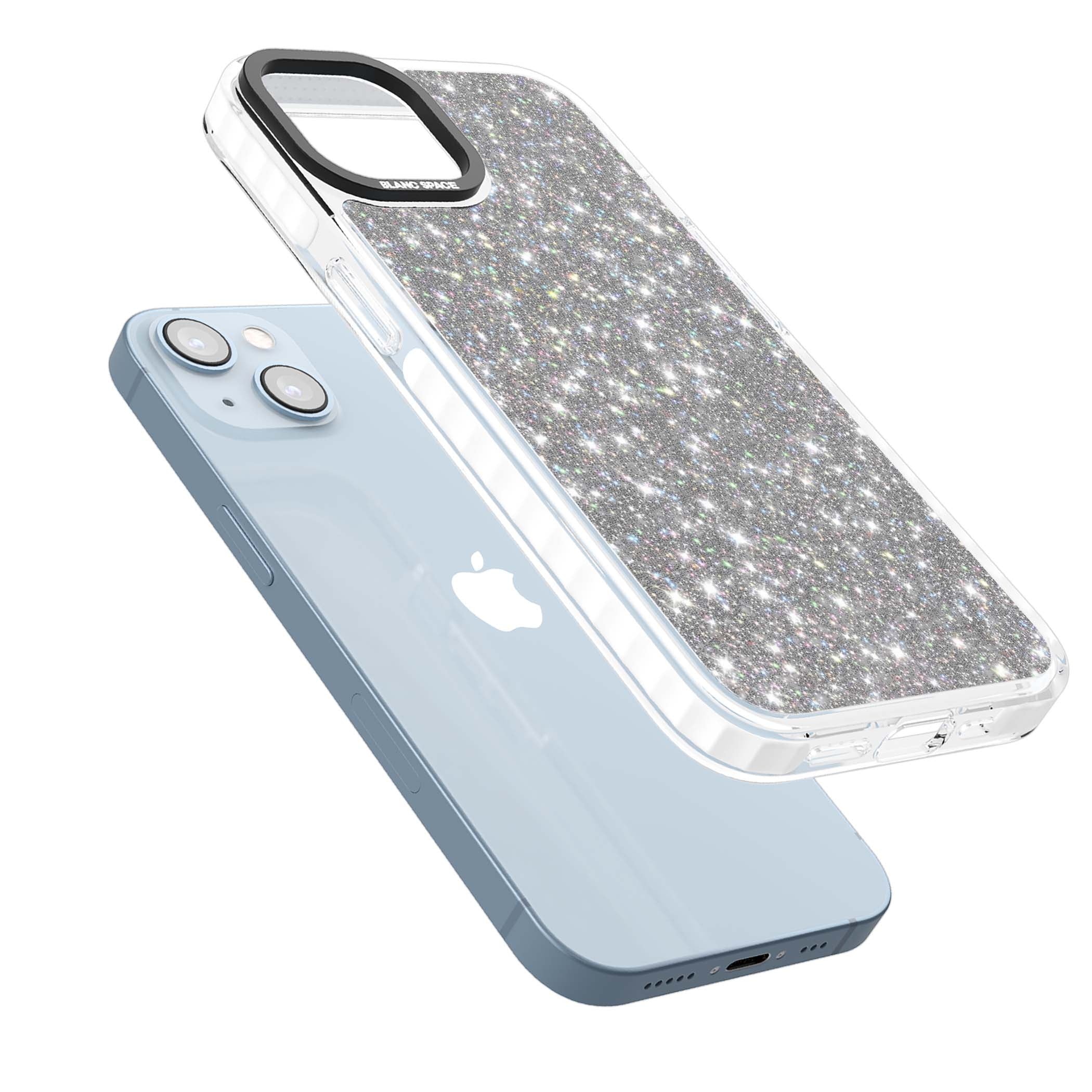 Diamond glam iPhone case featuring silver glitter sparkle and shimmering diamond dust effect | Clear Impact case for iPhone 13, iPhone 14, iPhone 15