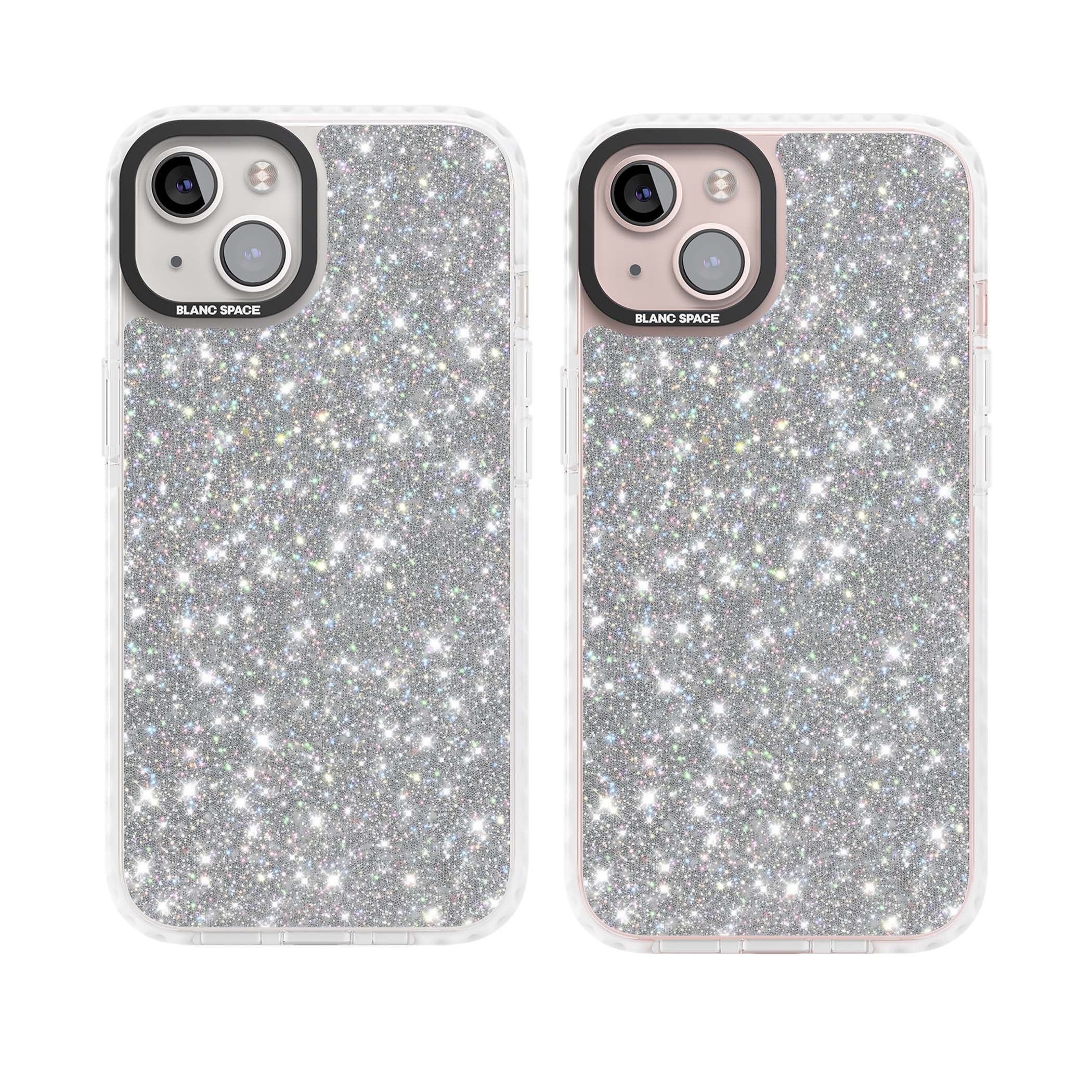 Diamond glam iPhone case featuring silver glitter sparkle and shimmering diamond dust effect | Clear Impact case for iPhone 13, iPhone 14, iPhone 15