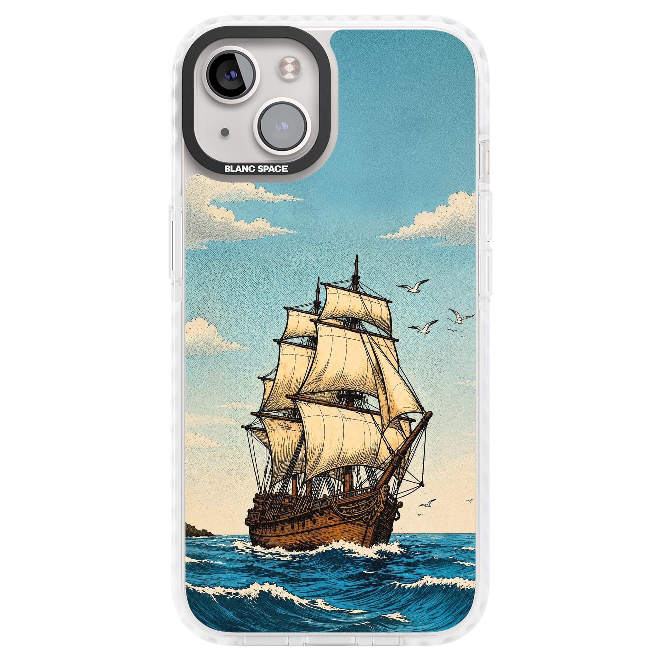 Ship at Sea nautical iPhone case featuring a vintage tall ship, ocean waves and seagulls | Clear Impact case for iPhone 13, iPhone 14, iPhone 15