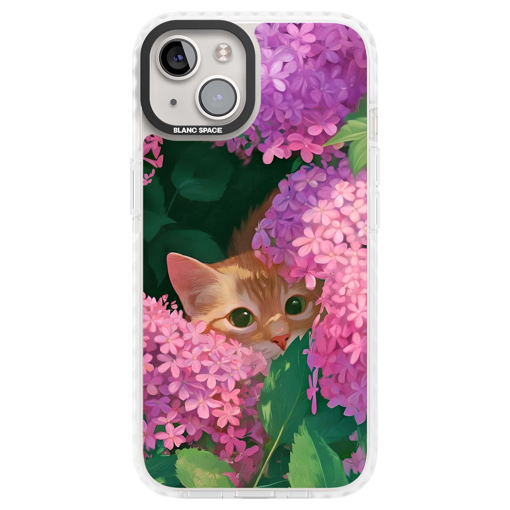 Cat In Pink Flowers cottagecore iPhone case featuring a ginger kitten peeking through lilac and pink hydrangea flo | Clear Impact case for iPhone 13, iPhone 14, iPhone 15